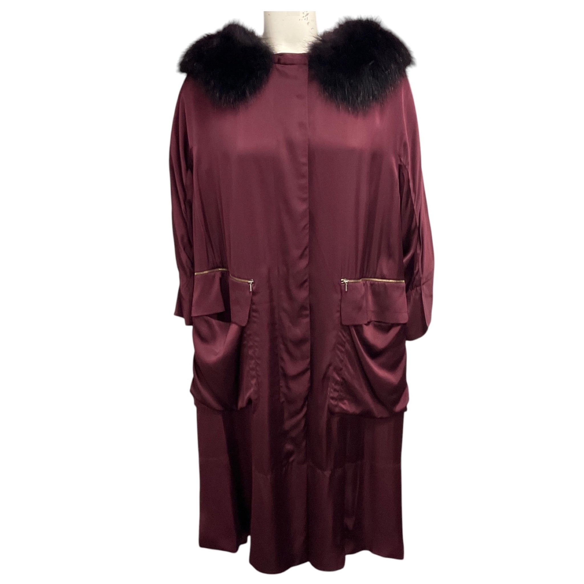 Nina Ricci Burgundy Silk Coat with Fur Trim