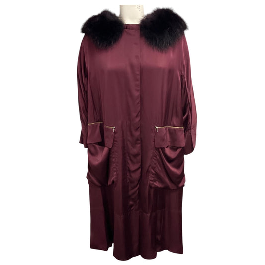 Nina Ricci Burgundy Silk Coat with Fur Trim