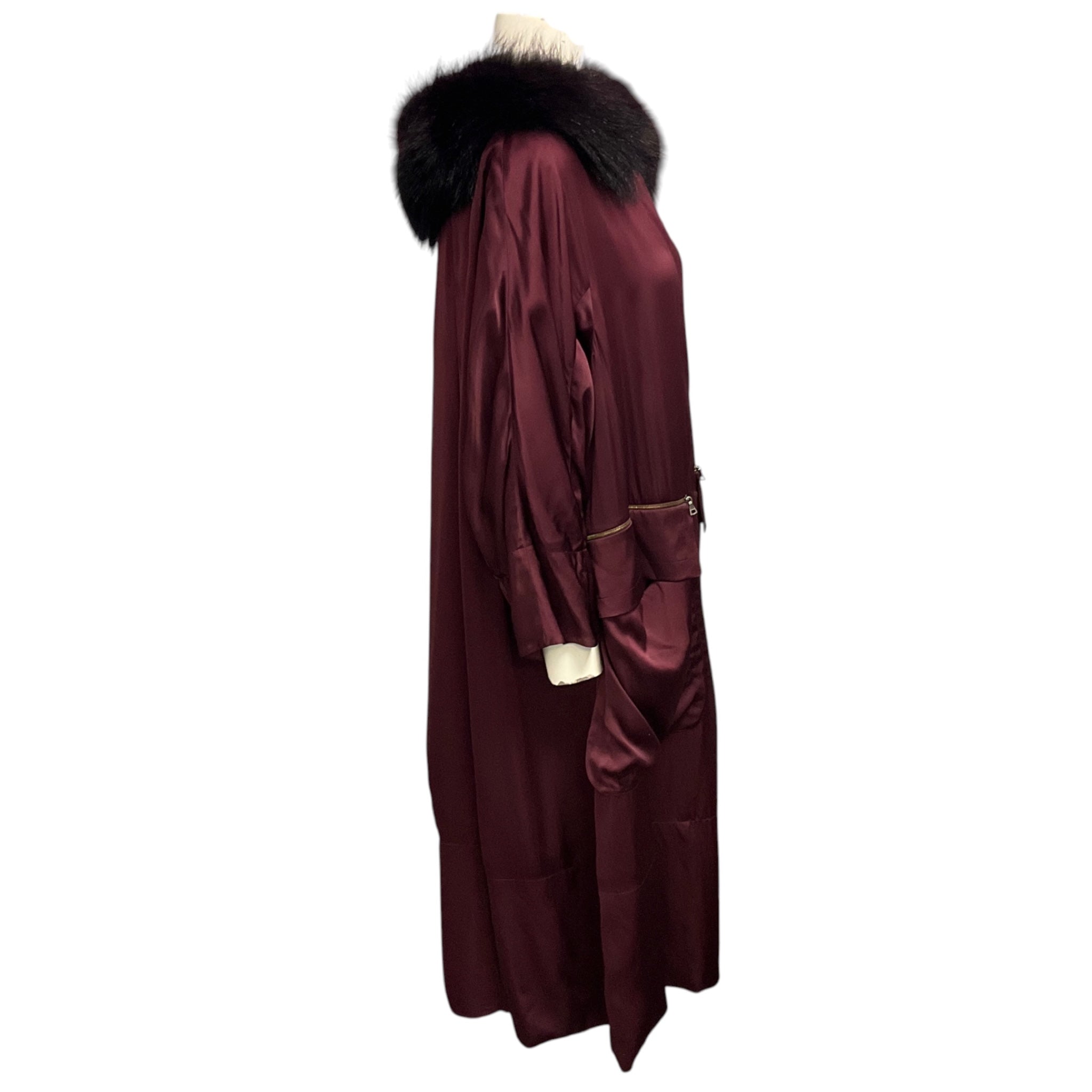 Nina Ricci Burgundy Silk Coat with Fur Trim