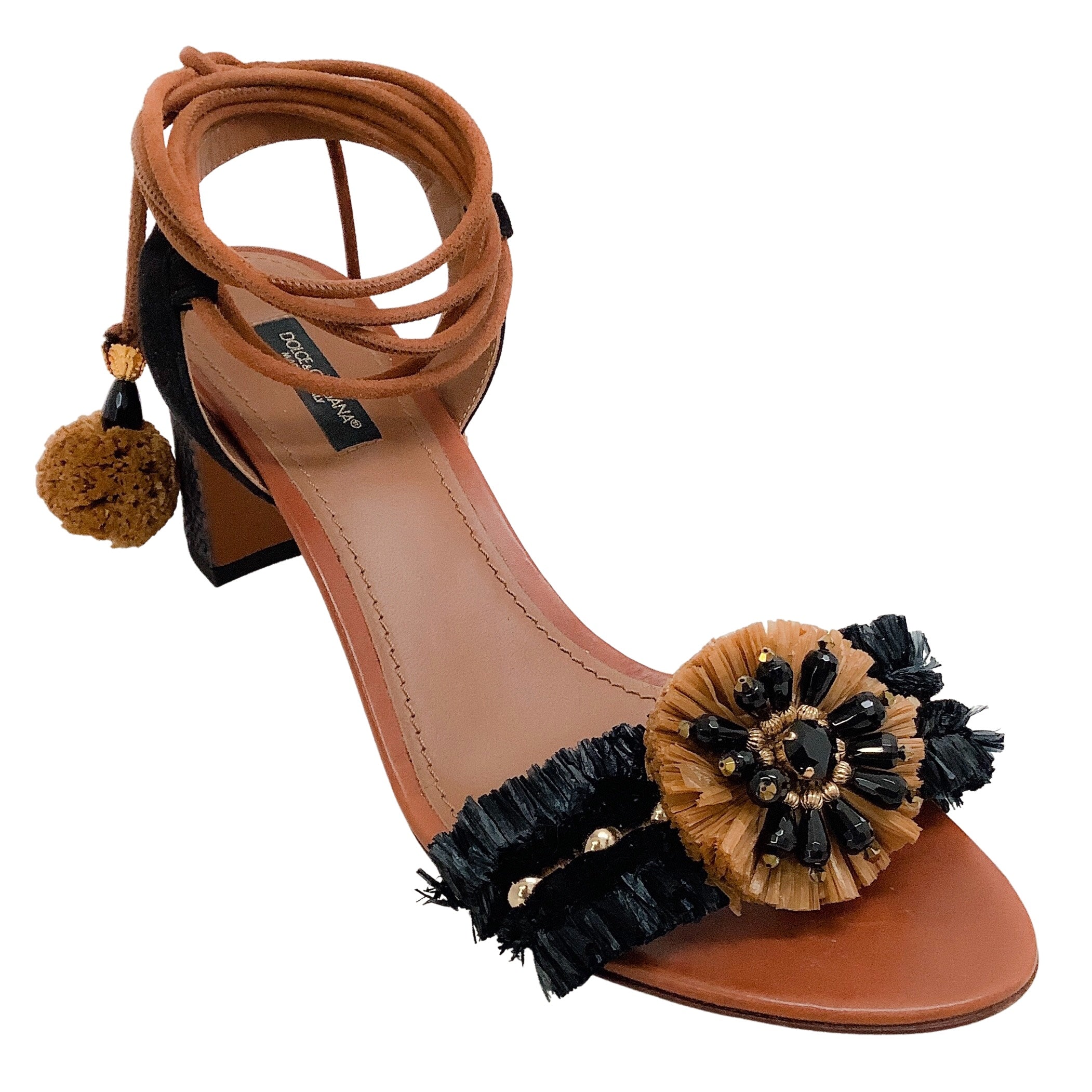 Dolce & Gabbana Brown / Black Raffia Ankle Tie Sandals
