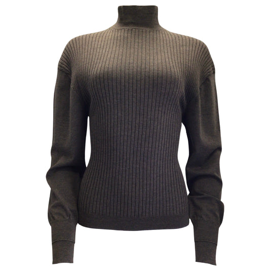 Celine Brown Long Sleeved Ribbed Knit Wool Sweater