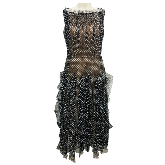 Jason Wu Collection Black / White Polka Dot Print Ruffled Mesh Tulle Midi Cocktail Dress