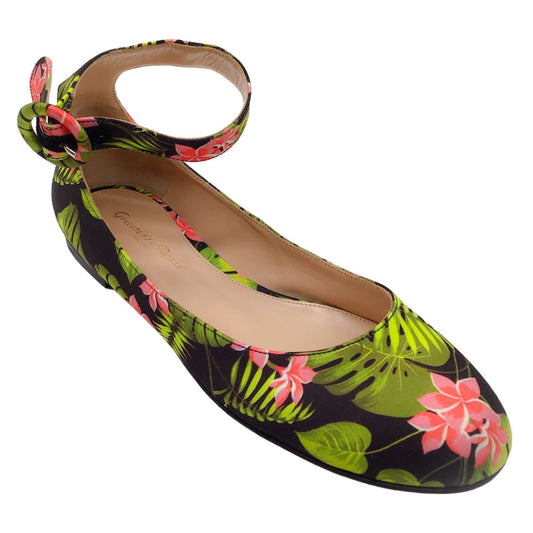 Gianvito Rossi Black / Green Multi Floral Printed Ankle Strap Ballet Flats