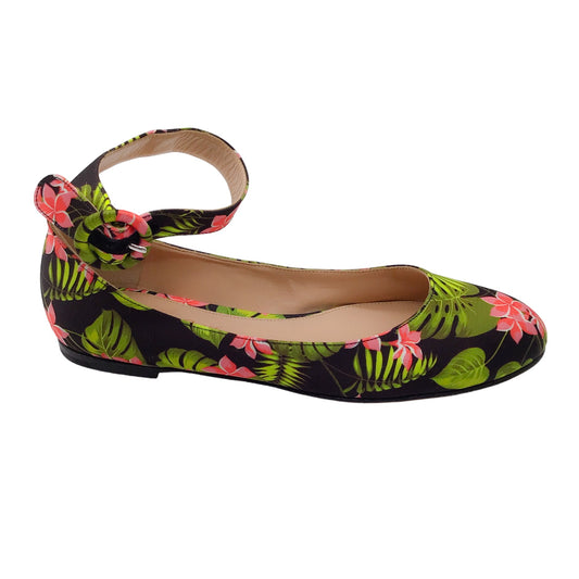 Gianvito Rossi Black / Green Multi Floral Printed Ankle Strap Ballet Flats