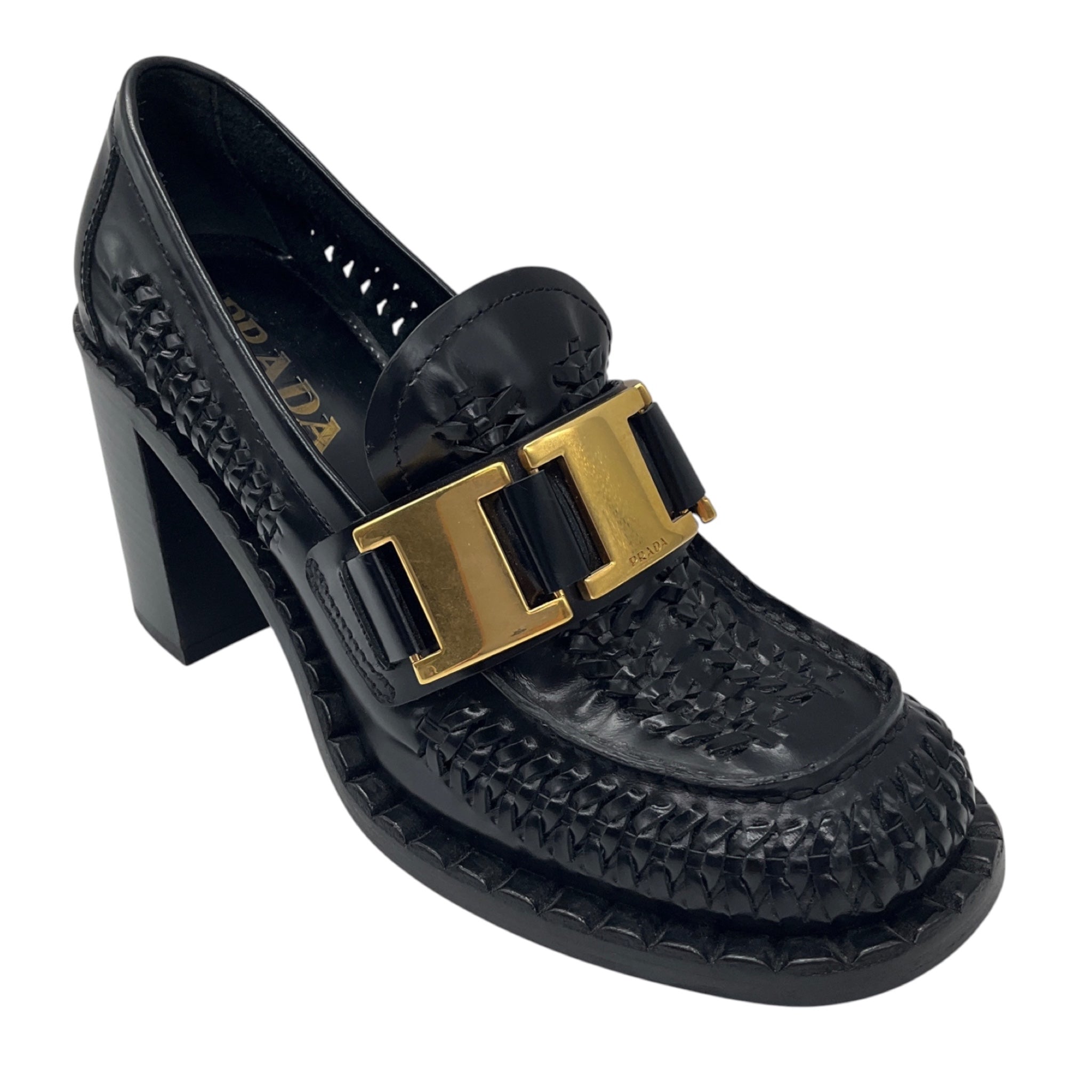 Prada Black Woven Leather Loafer Pumps with Gold Hardware