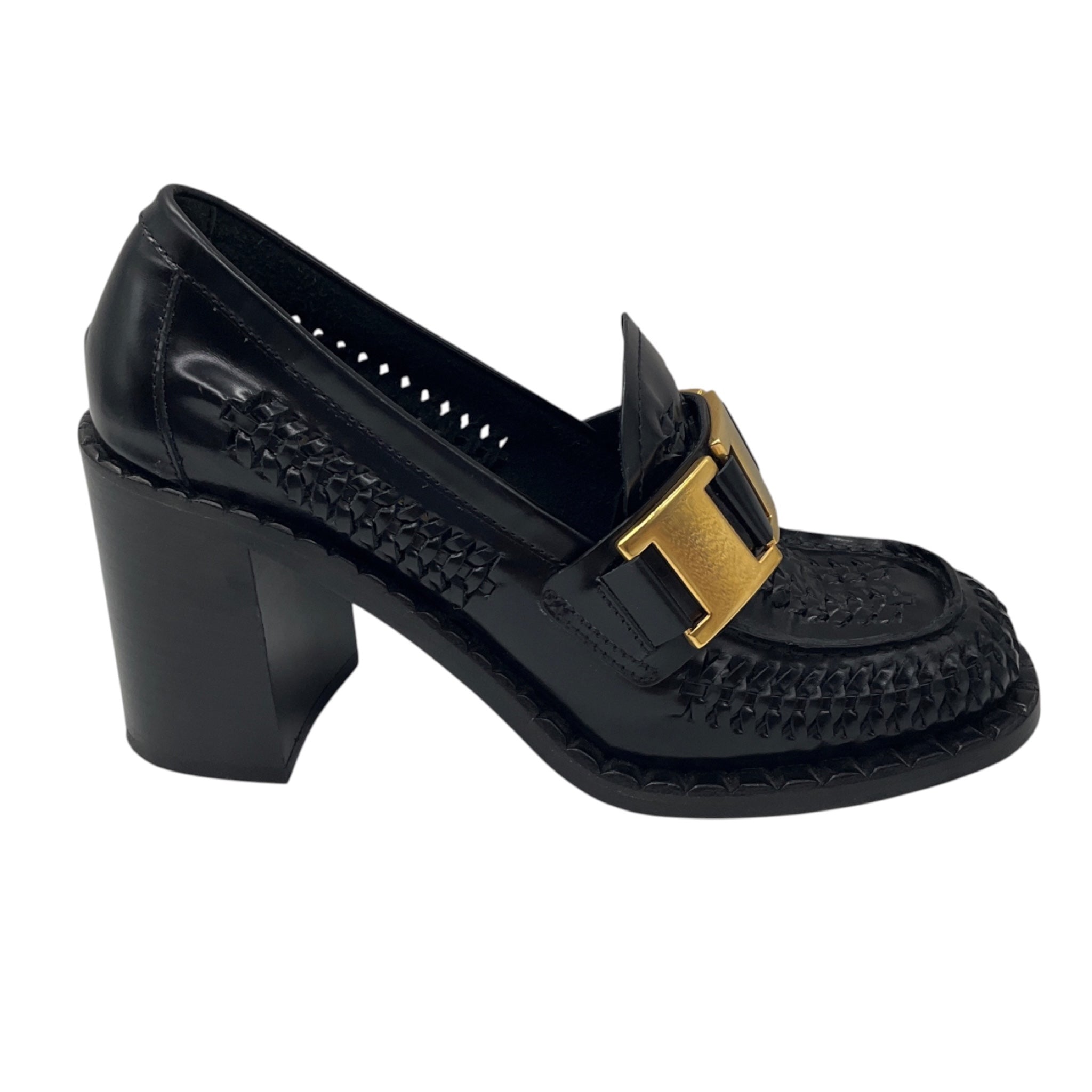 Prada Black Woven Leather Loafer Pumps with Gold Hardware