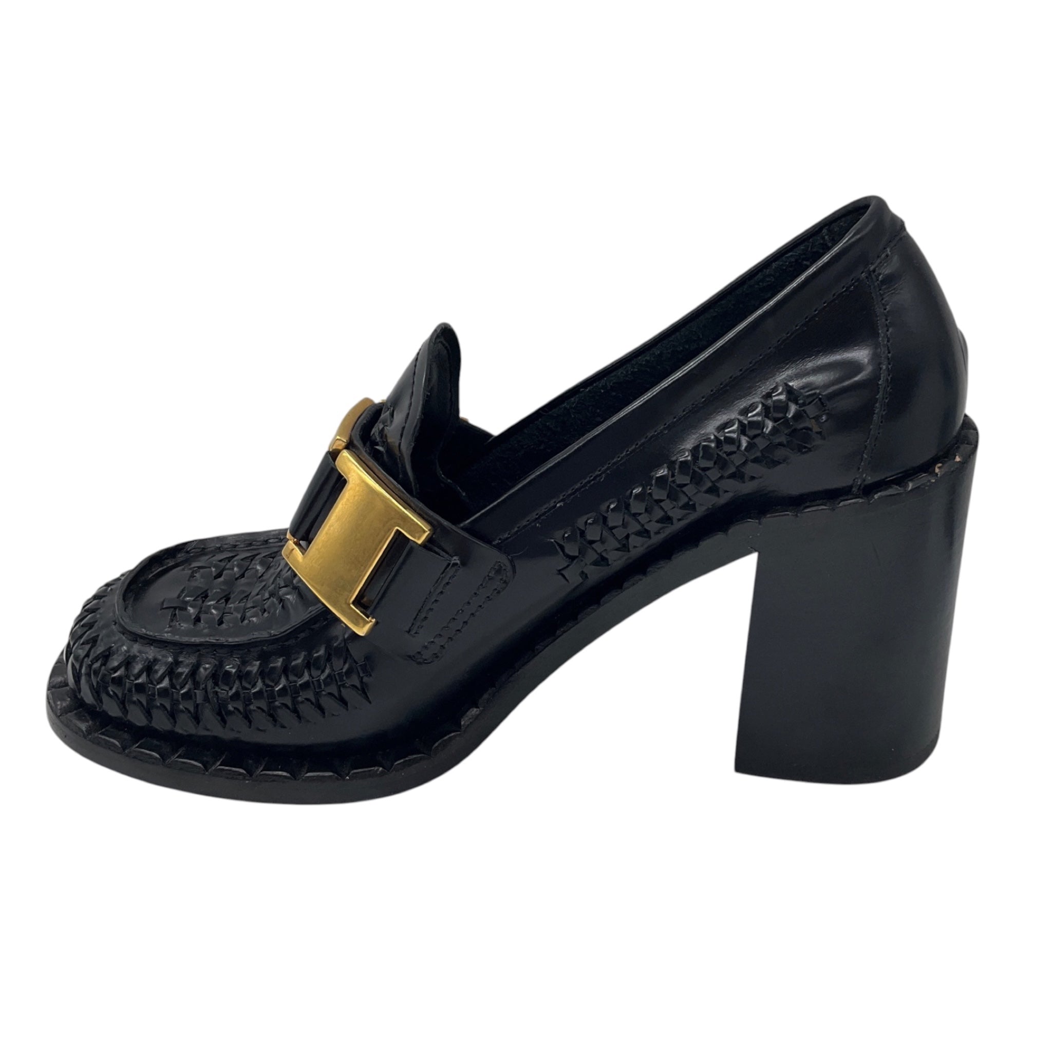 Prada Black Woven Leather Loafer Pumps with Gold Hardware