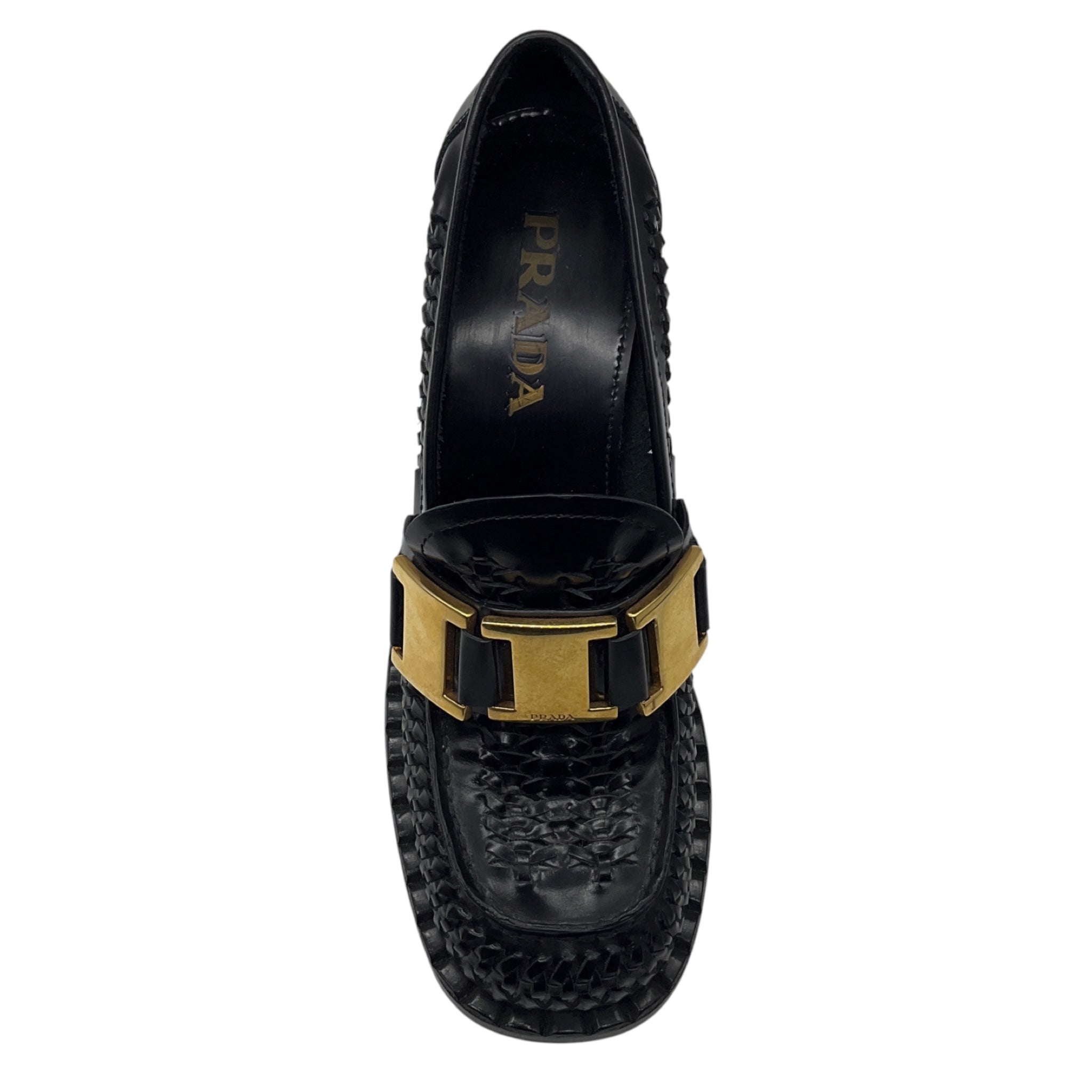 Prada Black Woven Leather Loafer Pumps with Gold Hardware