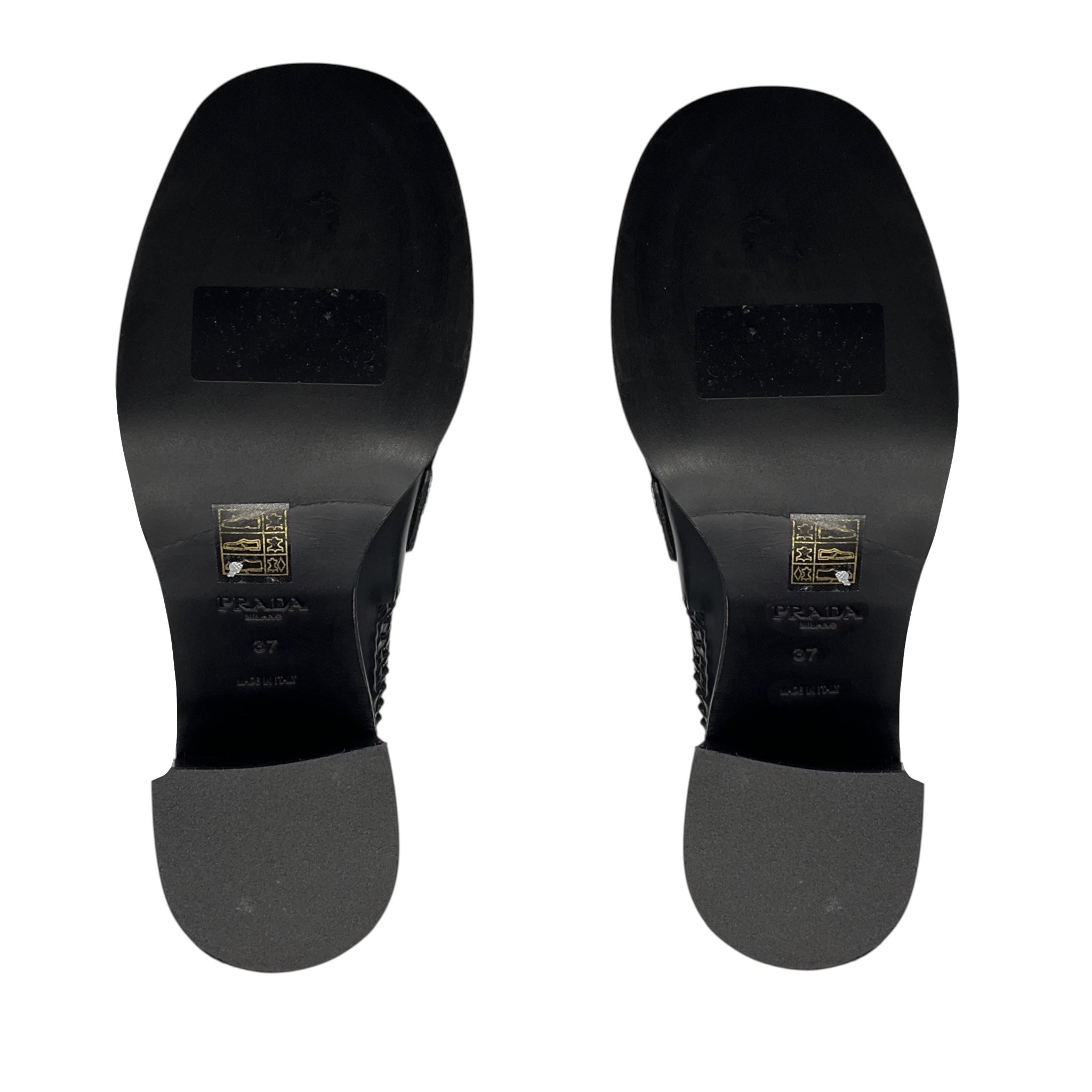 Prada Black Woven Leather Loafer Pumps with Gold Hardware