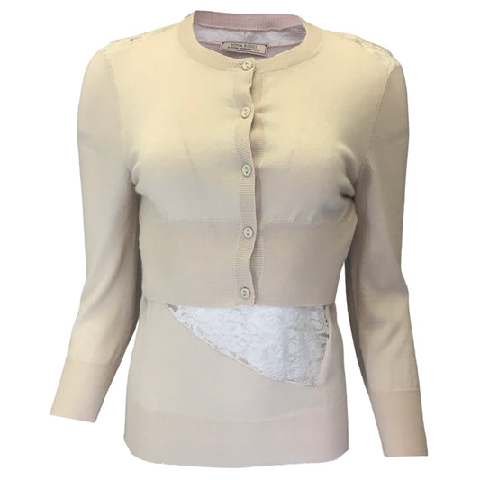 Nina Ricci Blush Lace Trimmed Cashmere and Silk Knit Cardigan Sweater