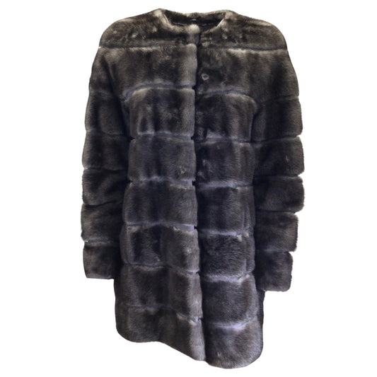Lysa Lash Grey Grosgrain Trimmed Mink Fur Coat