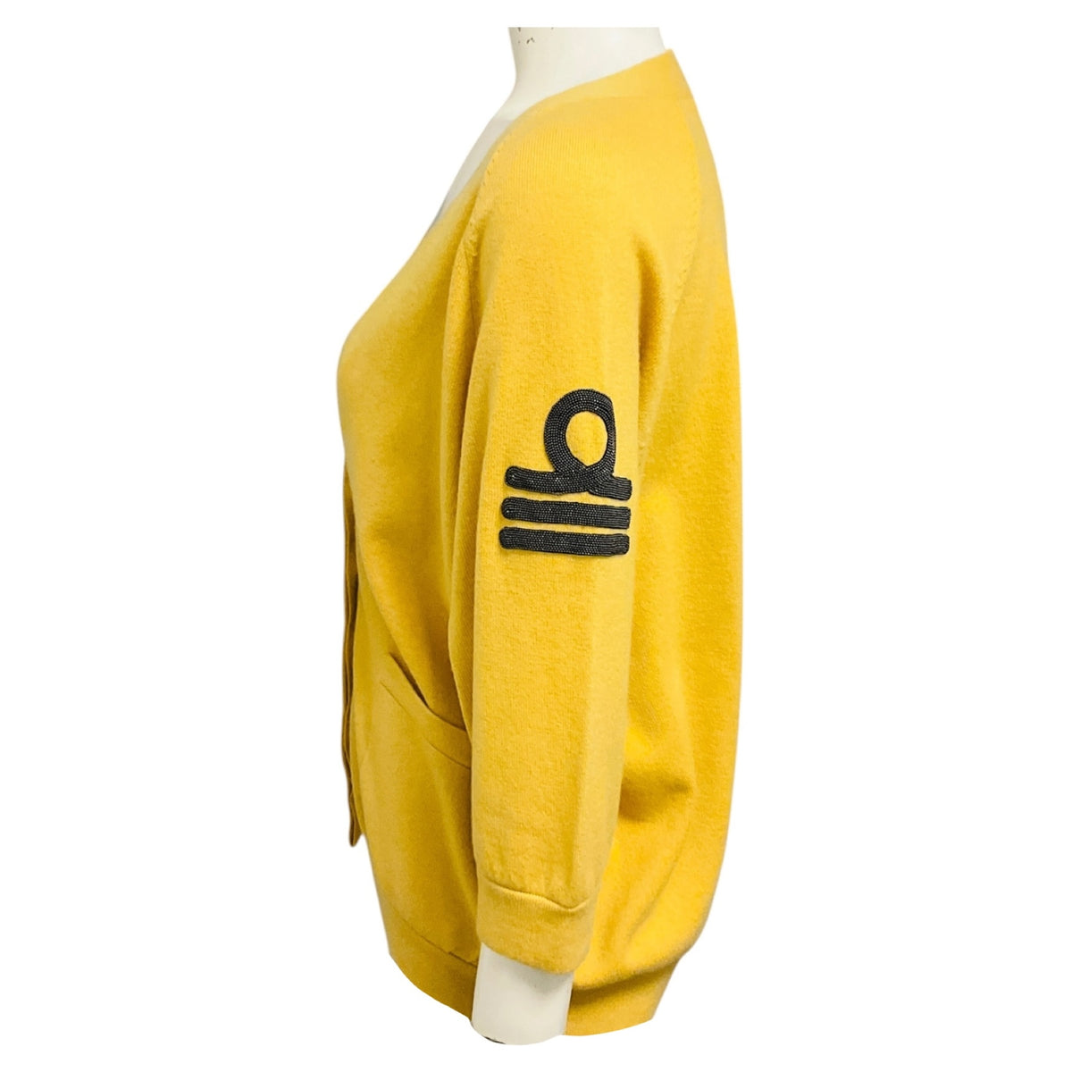 Brunello Cucinelli Mustard Yellow Cashmere Knit Cardigan Sweater with Monili