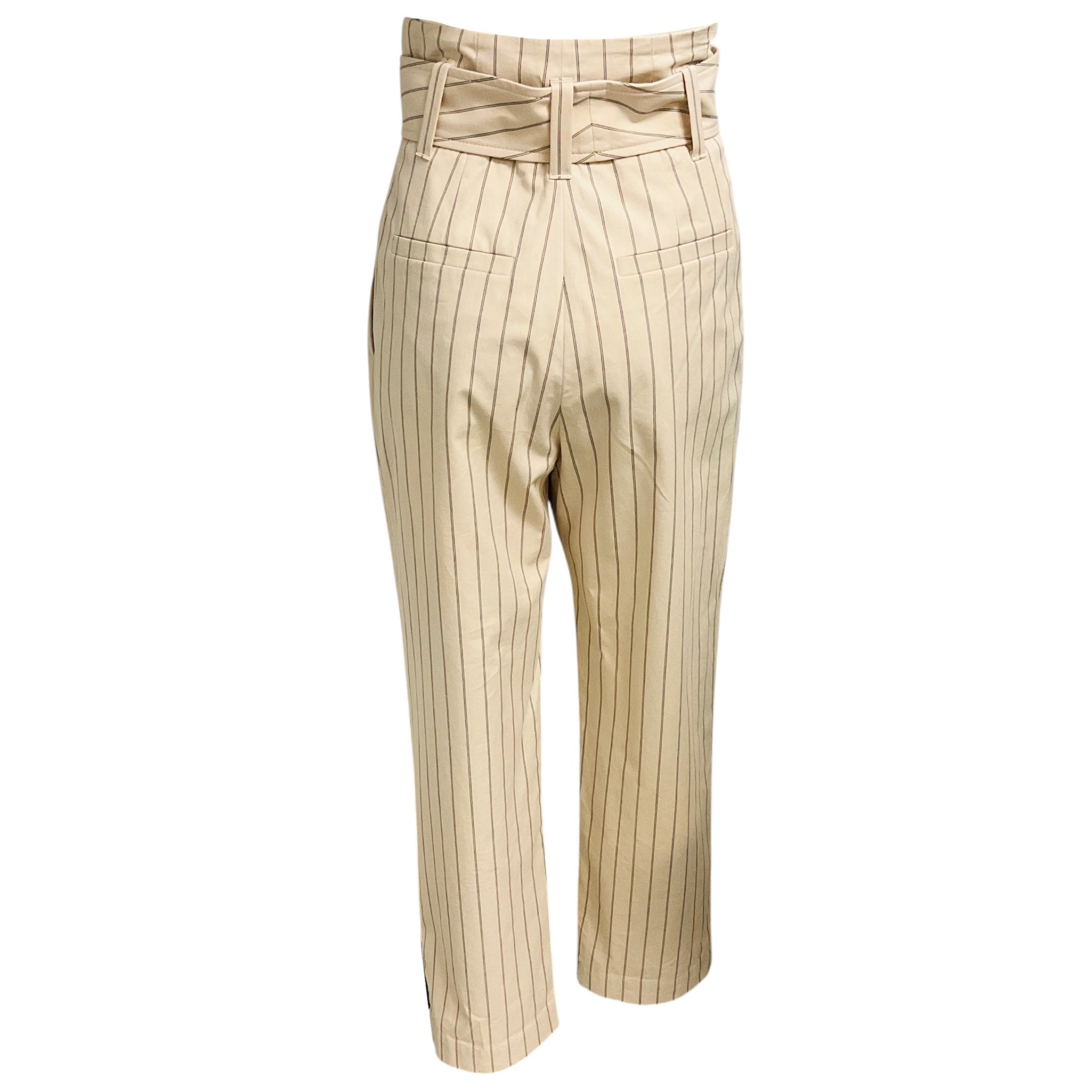 Brunello Cucinelli Beige Pinstriped Cotton Stretch Pants with Belt