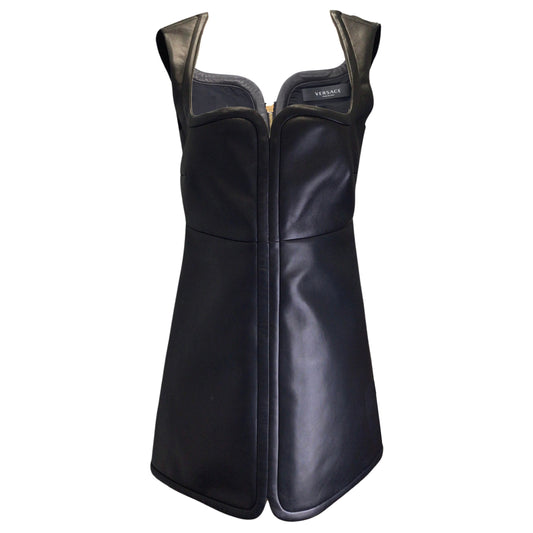 Versace Black Lambskin Leather Mini Dress
