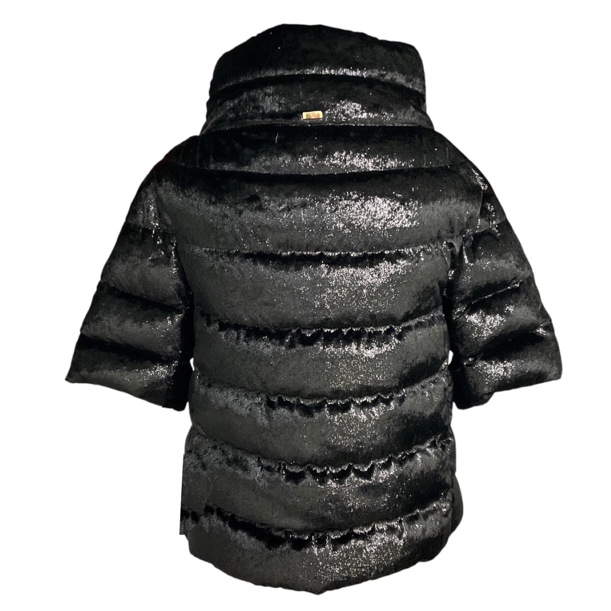 Herno Black Lurex Shimmer Quilted Short Sleeved Velvet Down Puffer Jacket