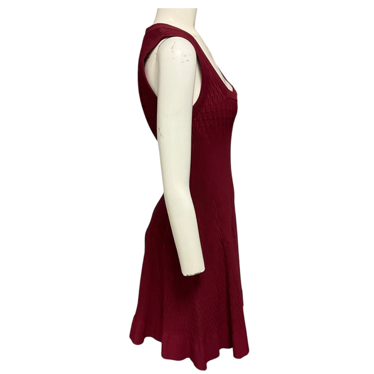 Alaia Burgundy Sleeveless Square Neck Flared Textured Knit Mini Dress