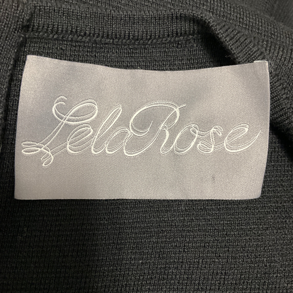 Lela Rose Black Long Sleeved Flared Knit Dress with Embroidered Lattice Lace Trim
