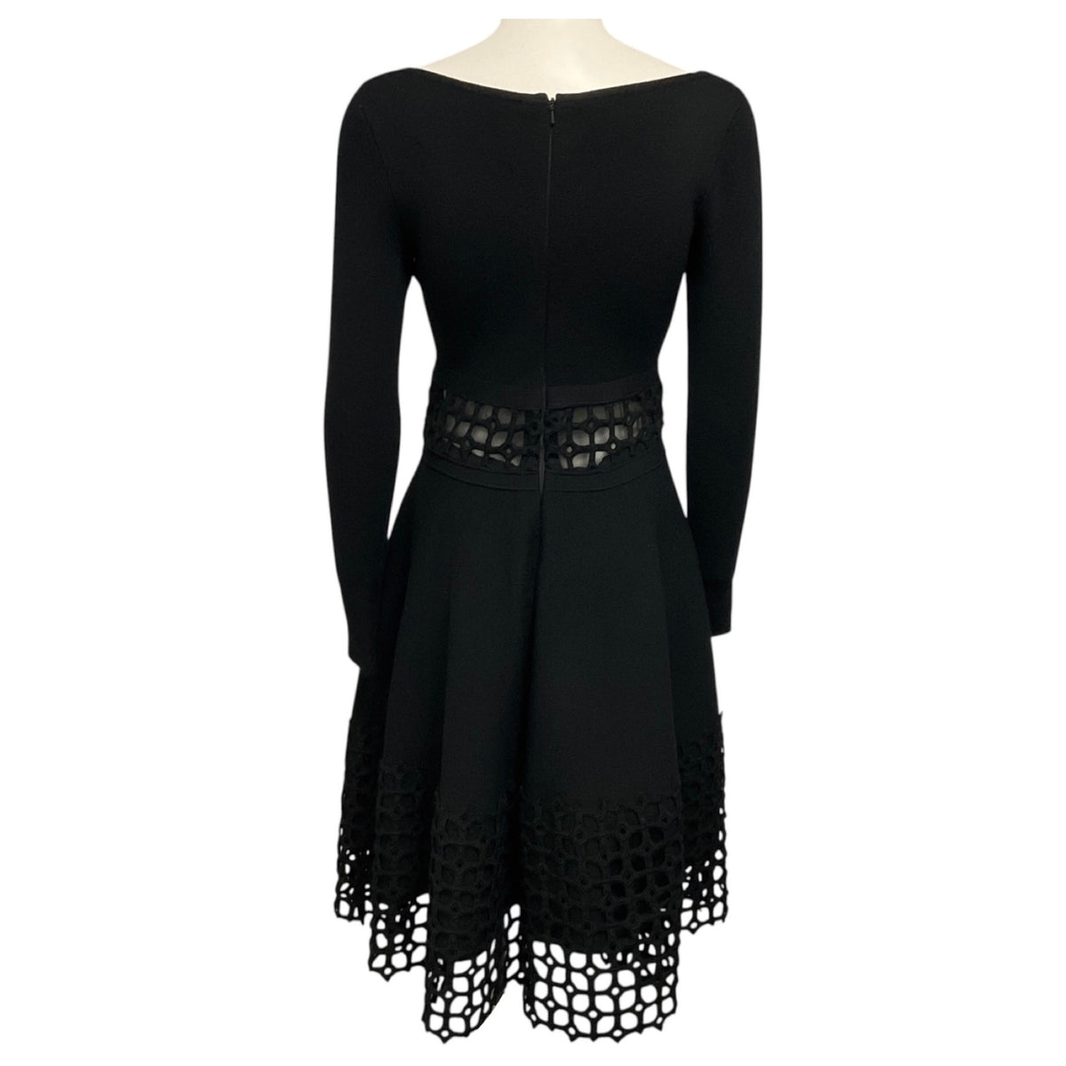 Lela Rose Black Long Sleeved Flared Knit Dress with Embroidered Lattice Lace Trim