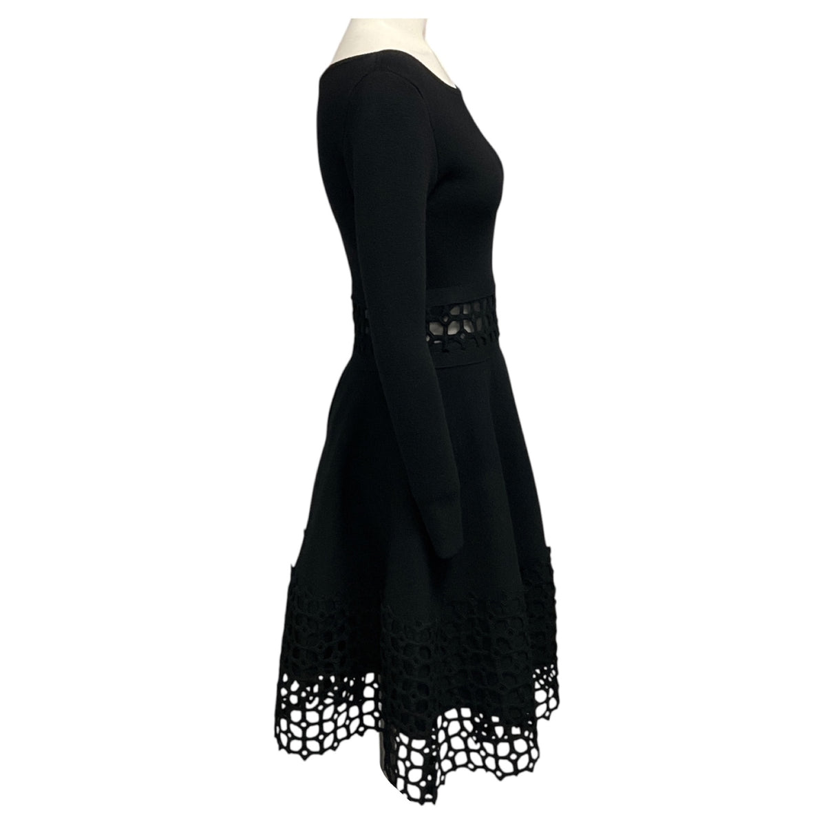 Lela Rose Black Long Sleeved Flared Knit Dress with Embroidered Lattice Lace Trim