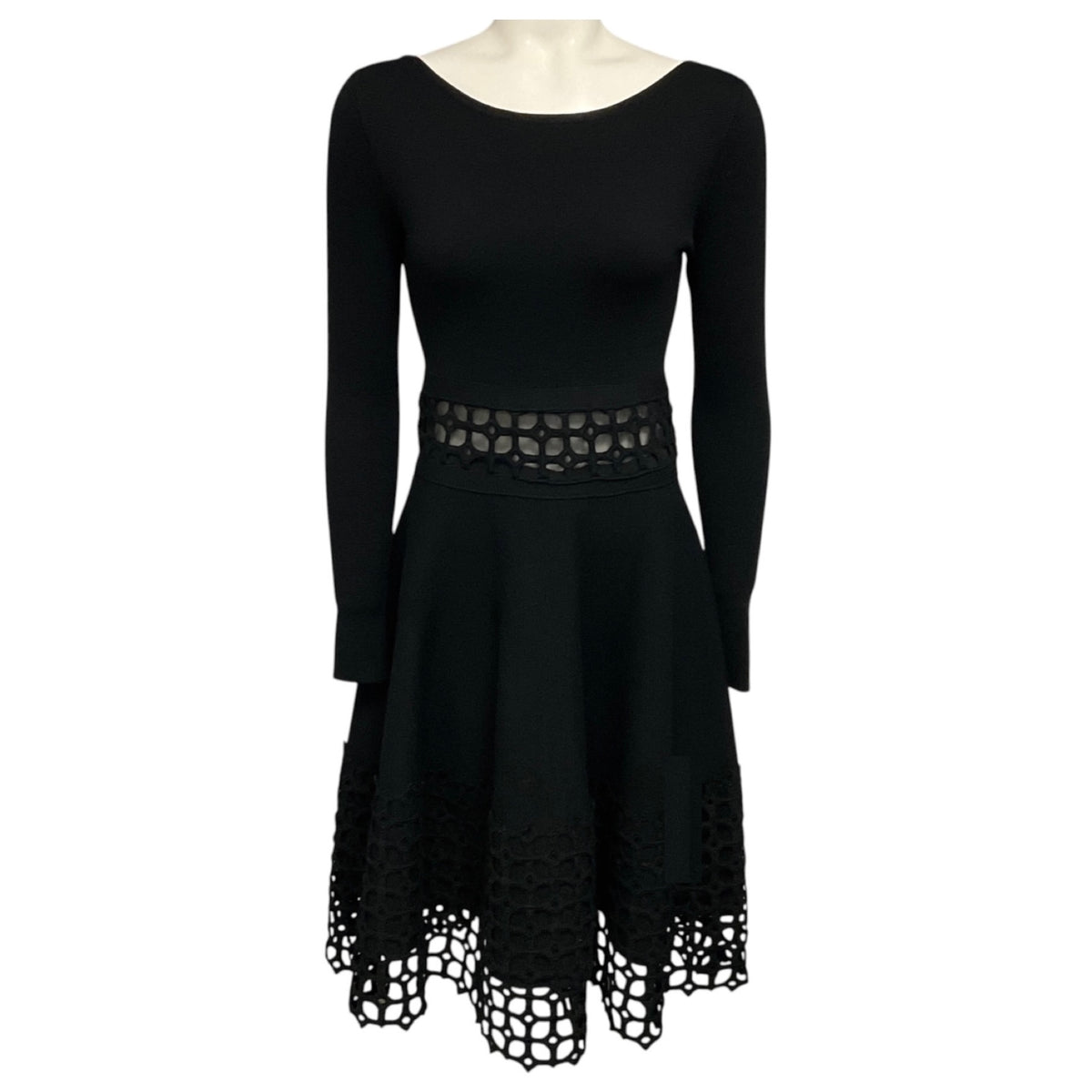 Lela Rose Black Long Sleeved Flared Knit Dress with Embroidered Lattice Lace Trim