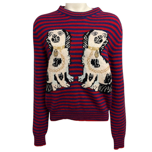 Gucci Blue / Red Striped Wool Sweater with King Spaniel Intarsia