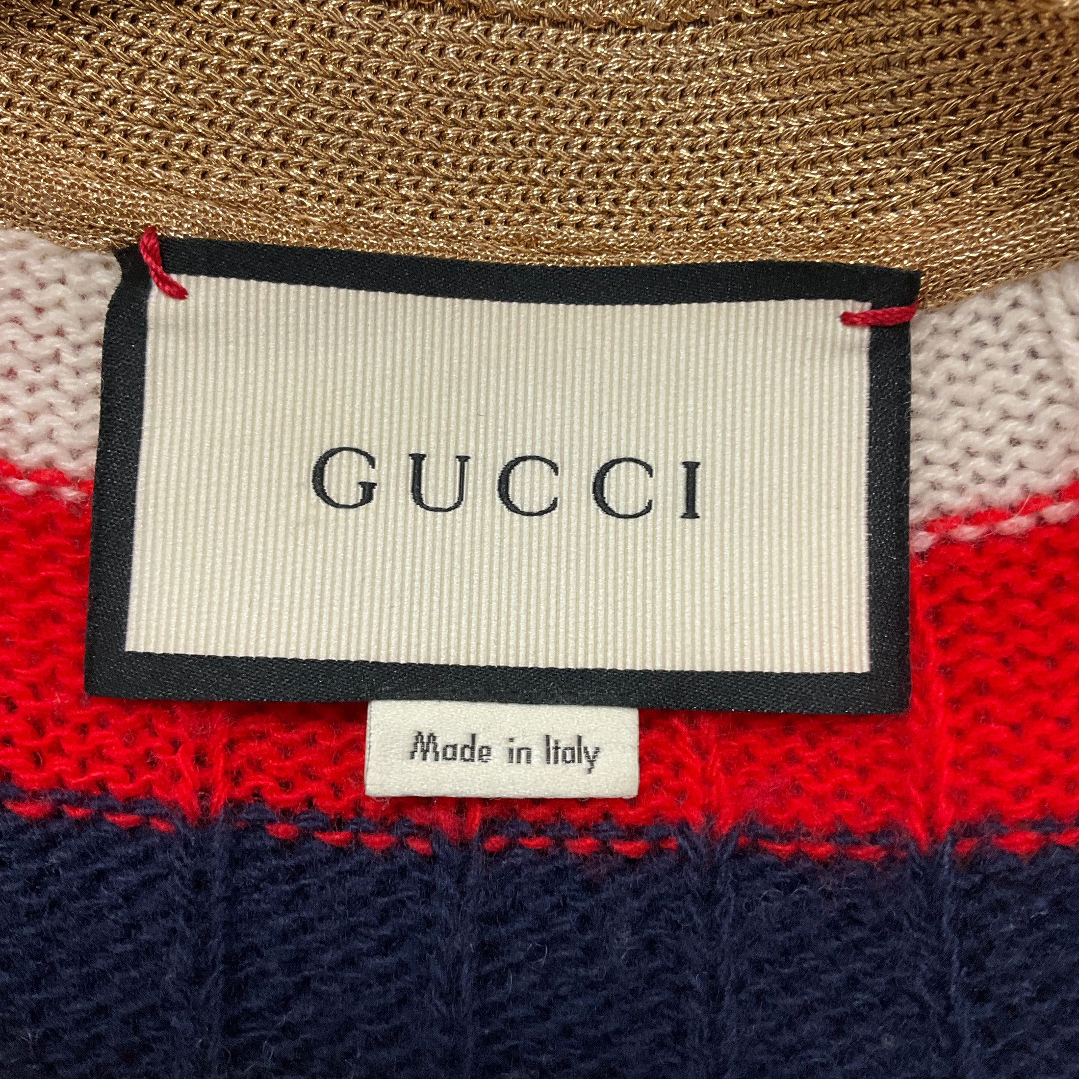 Gucci Red / White / Blue Striped Knit Cardigan Sweater with GG Logo Pearl Buttons