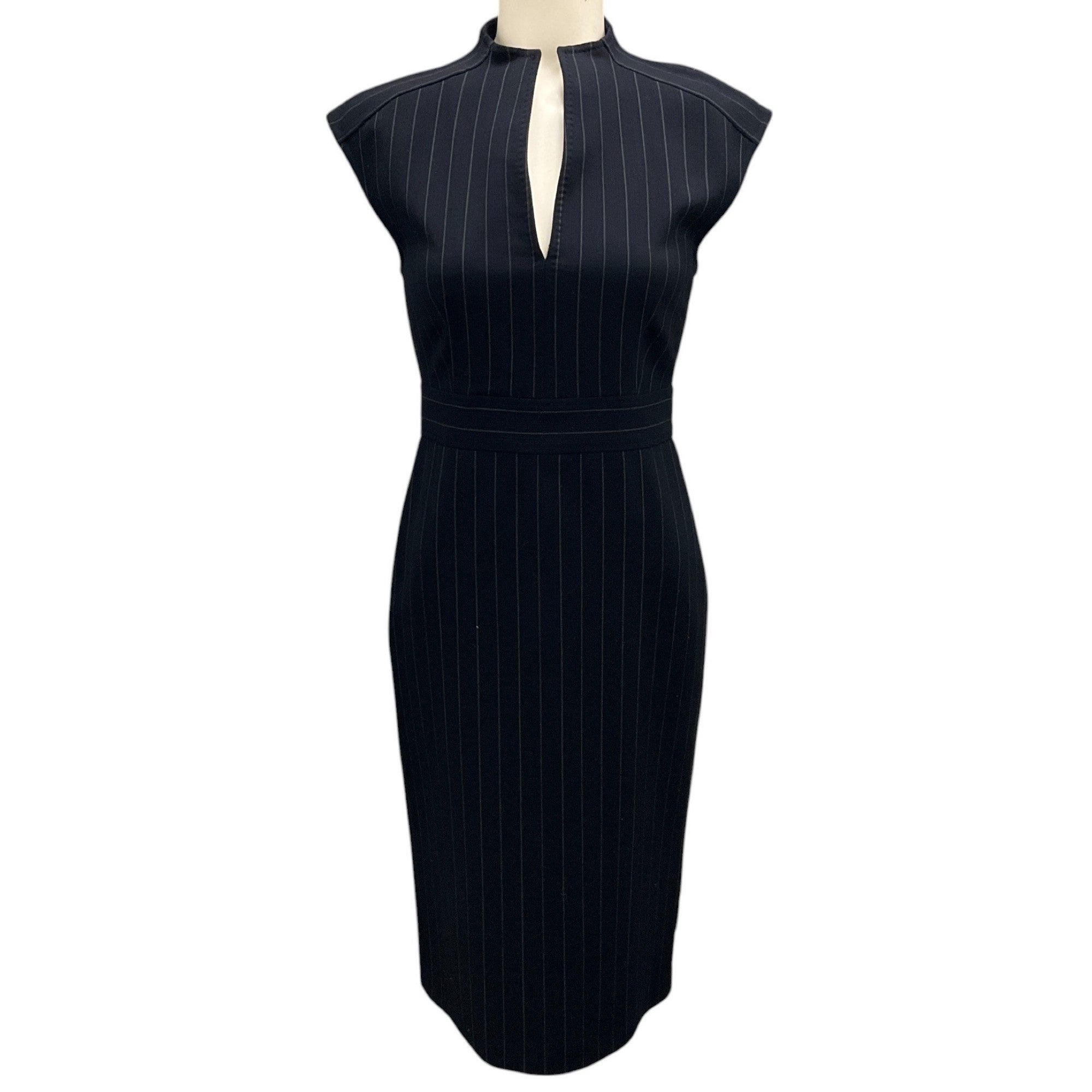 Max Mara Navy Pinstriped Wool Stretch Dress