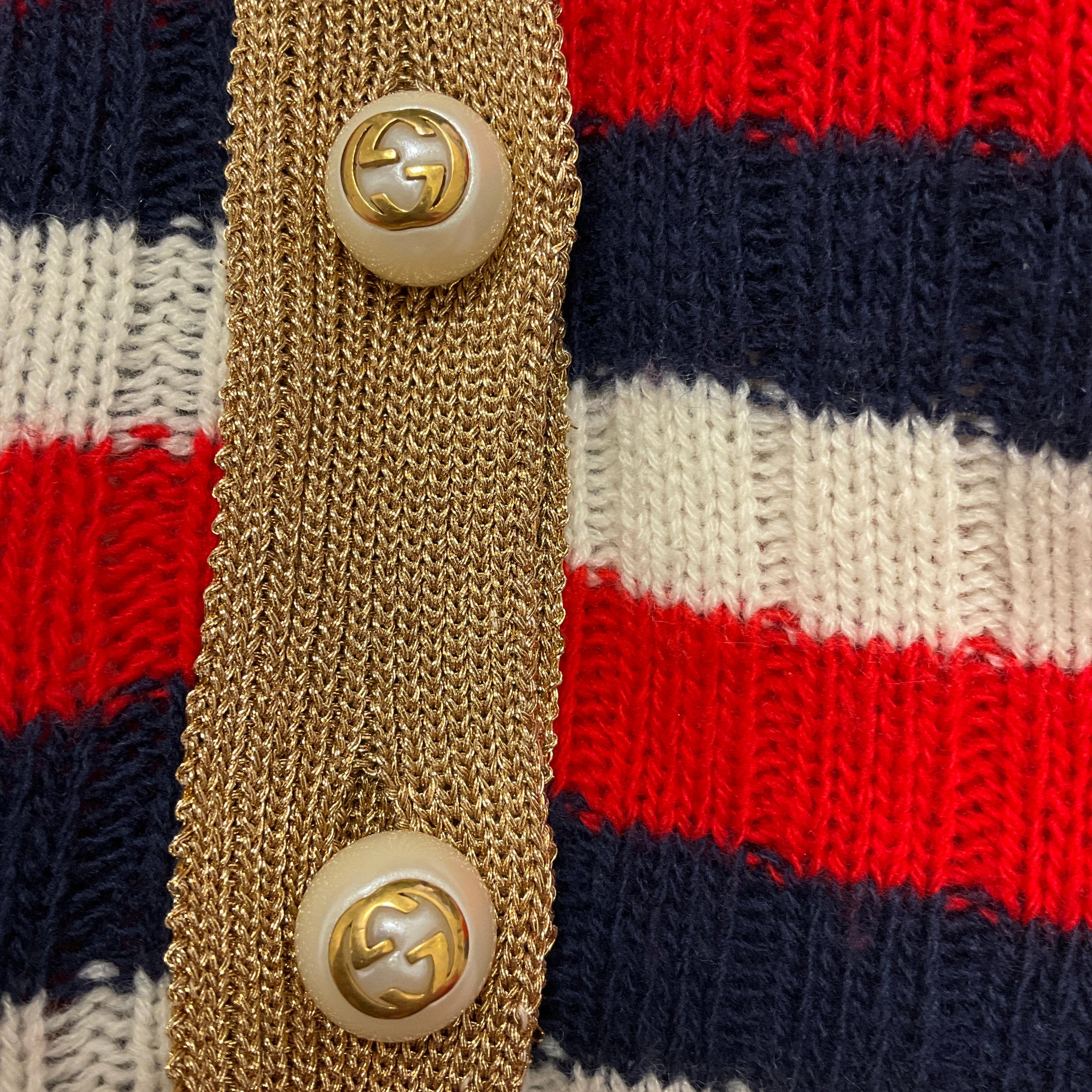 Gucci Red / White / Blue Striped Knit Cardigan Sweater with GG Logo Pearl Buttons