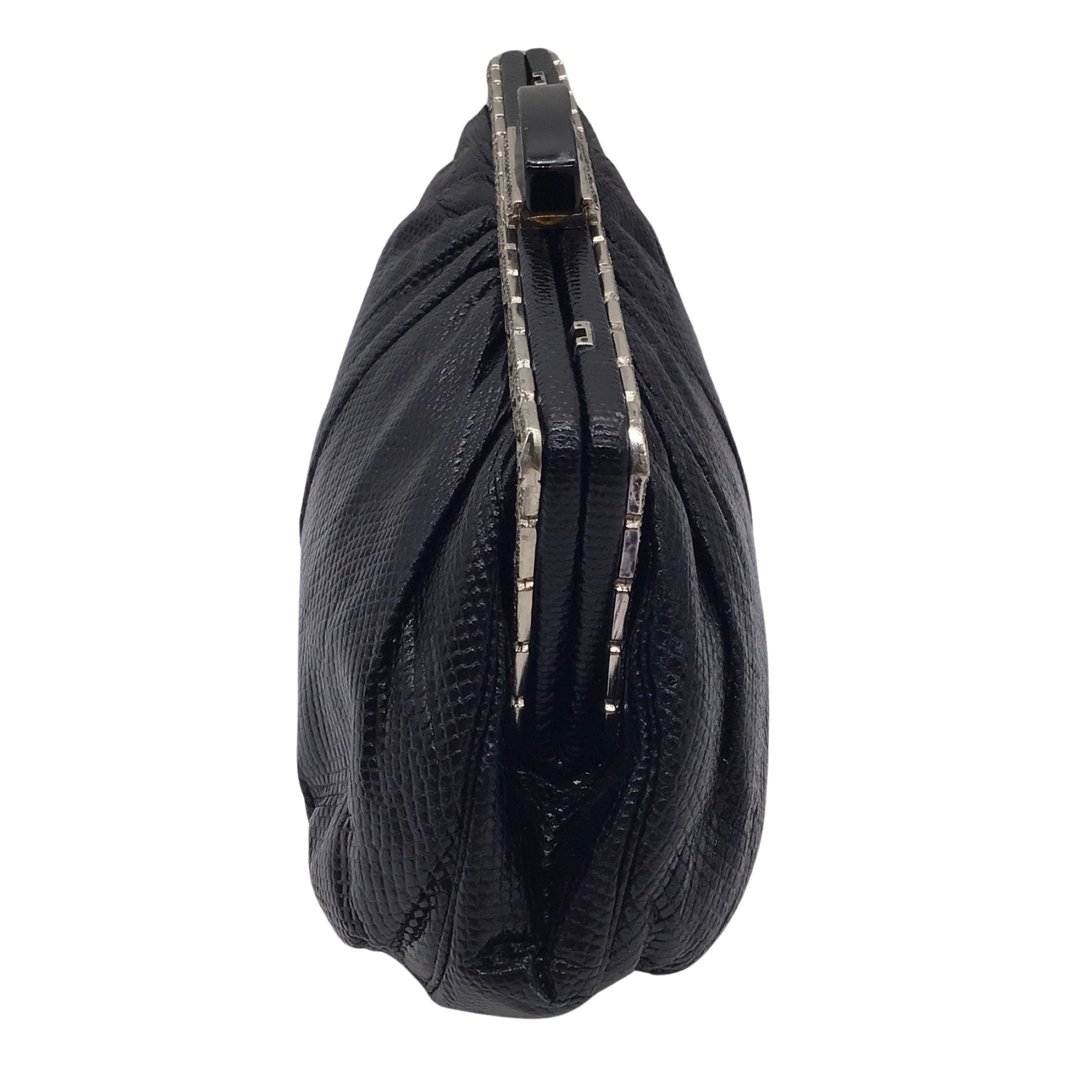 Judith Leiber Black Lizard Skin Leather Clutch Bag