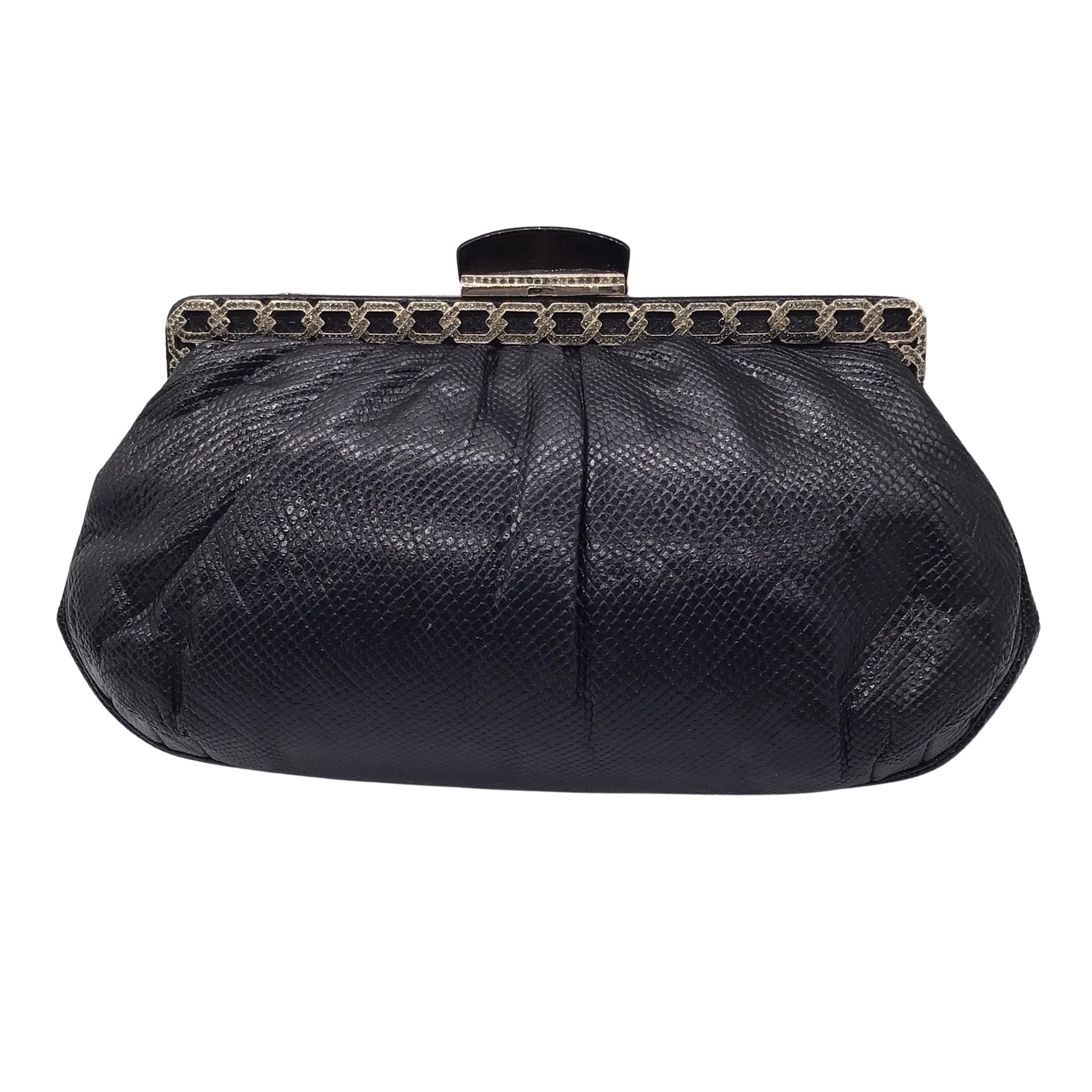 Judith Leiber Black Lizard Skin Leather Clutch Bag