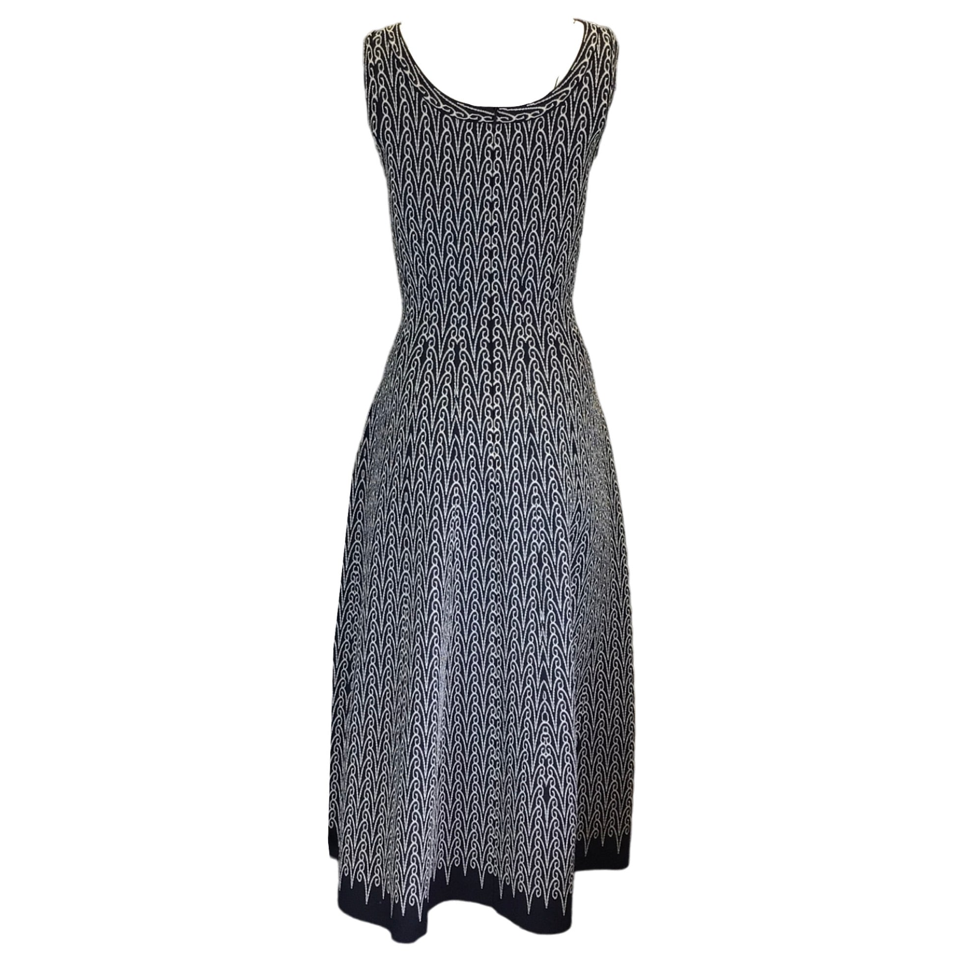 Alaia Navy Blue / White Sleeveless Jacquard Knit Midi Dress