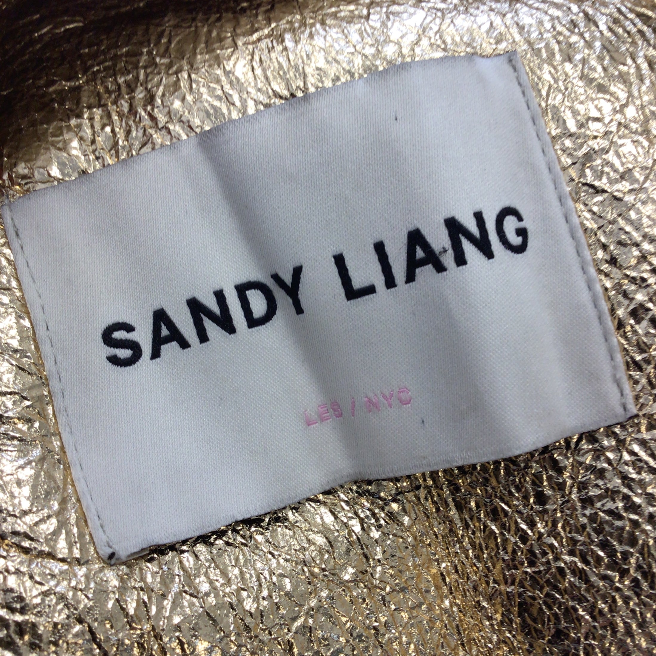 Sandy Liang Gold Metallic Lamb Shearling Moto Zip Biker Jacket