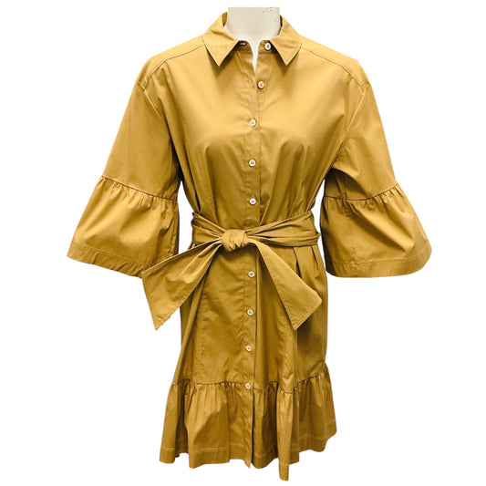 Veronica Beard Khaki Luriane Cotton Poplin Tie Waist Flounce Sleeve Mini Dress