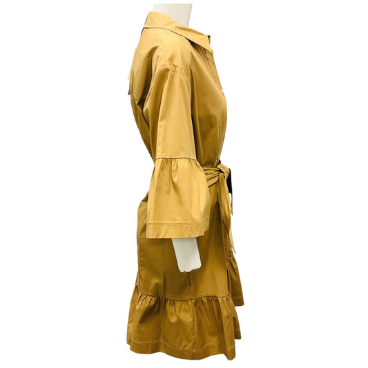Veronica Beard Khaki Luriane Cotton Poplin Tie Waist Flounce Sleeve Mini Dress