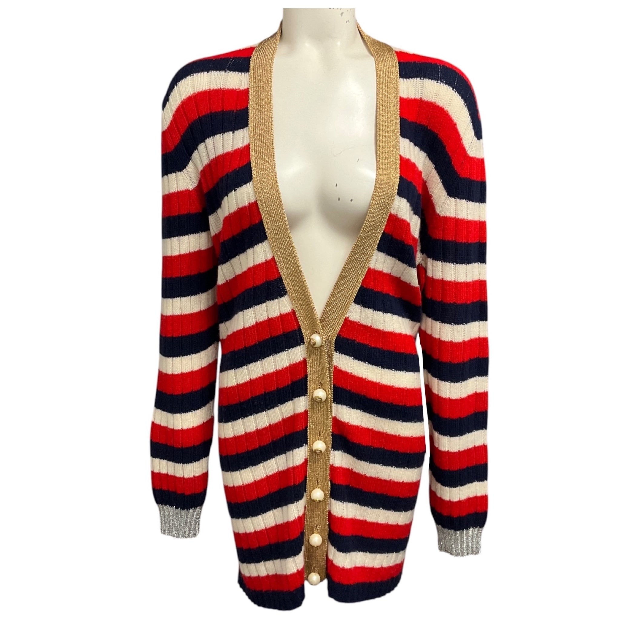 Gucci Red / White / Blue Striped Knit Cardigan Sweater with GG Logo Pearl Buttons