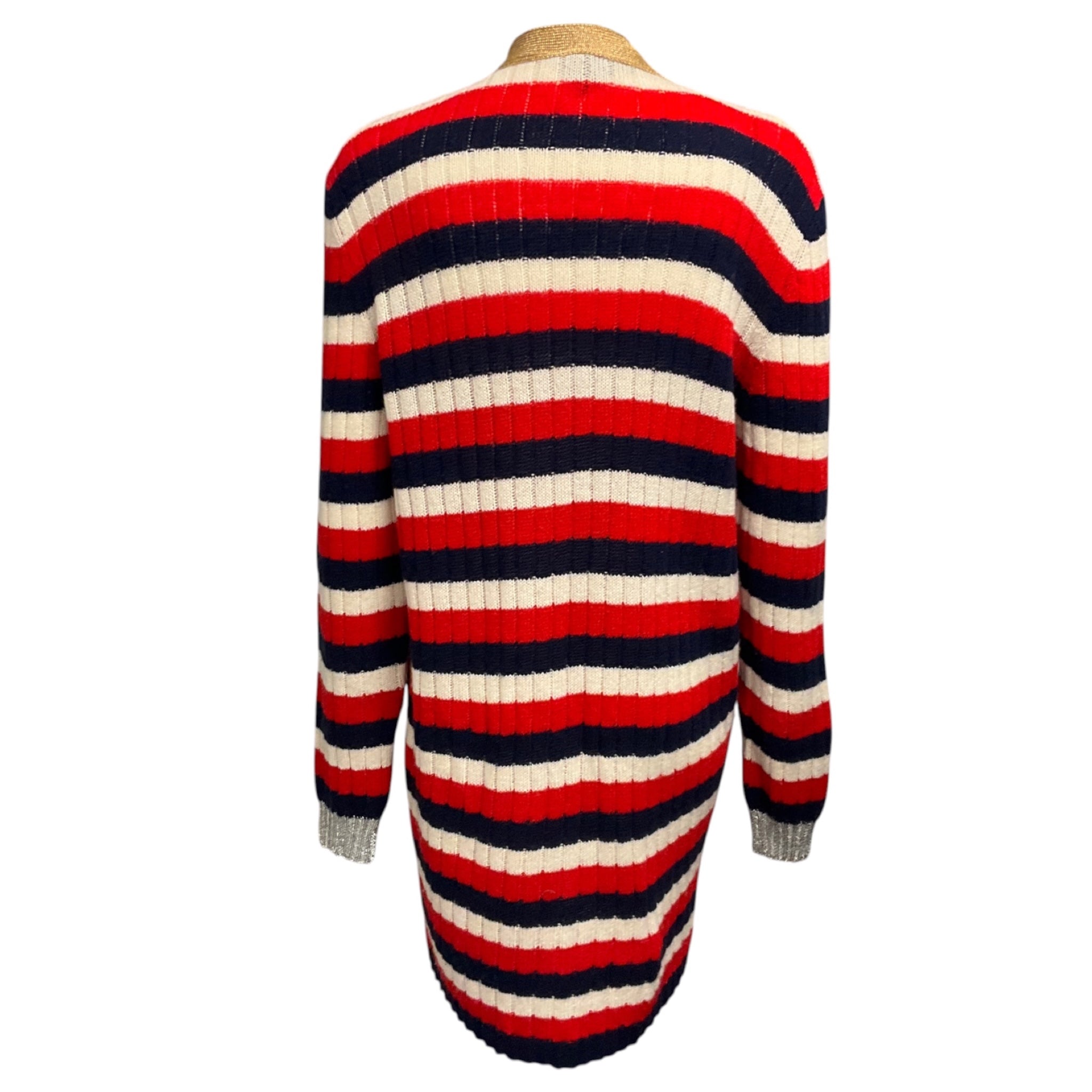 Gucci Red / White / Blue Striped Knit Cardigan Sweater with GG Logo Pearl Buttons