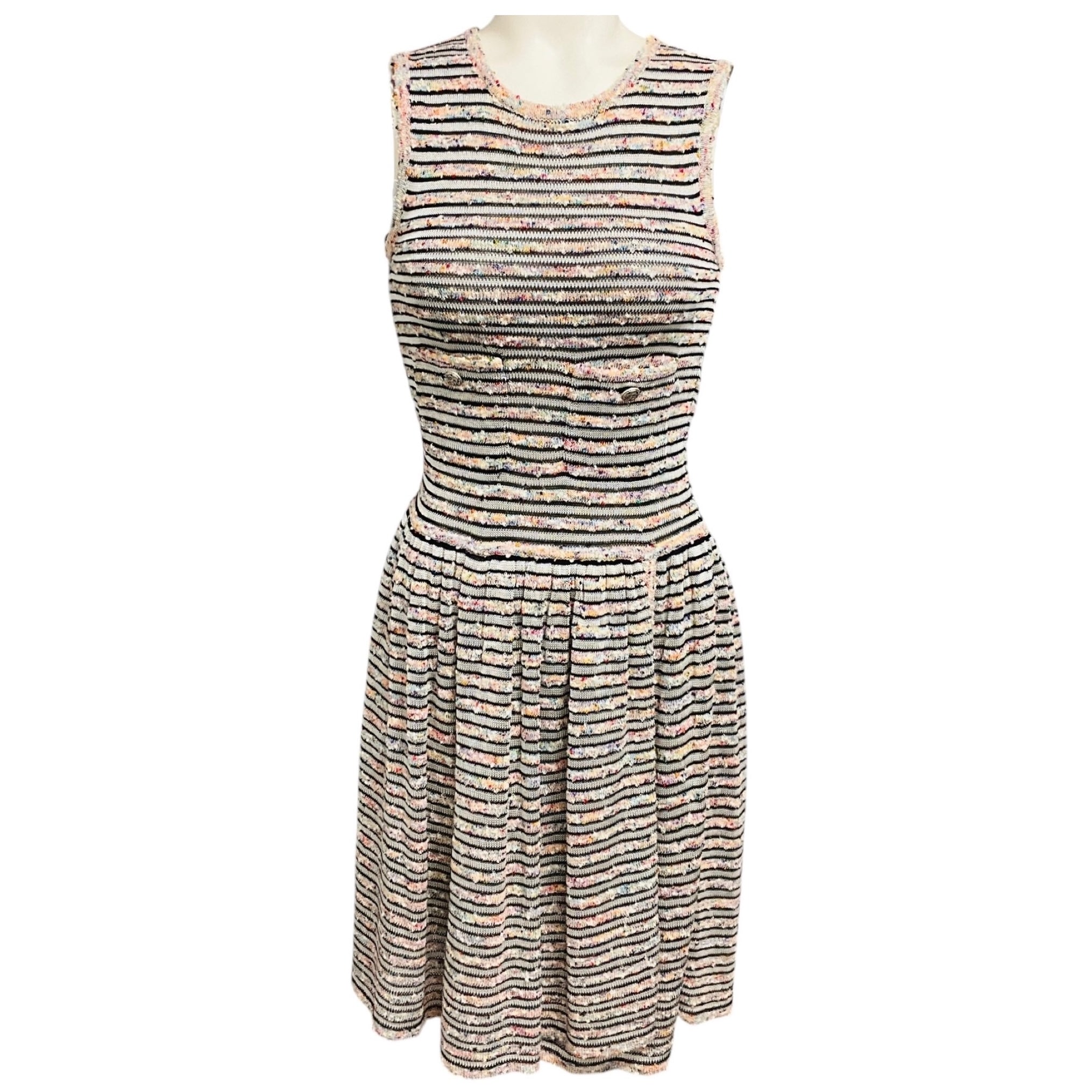 Chanel Multicolor Striped Knit Sleeveless Flared Dress with CC Logo Buttons