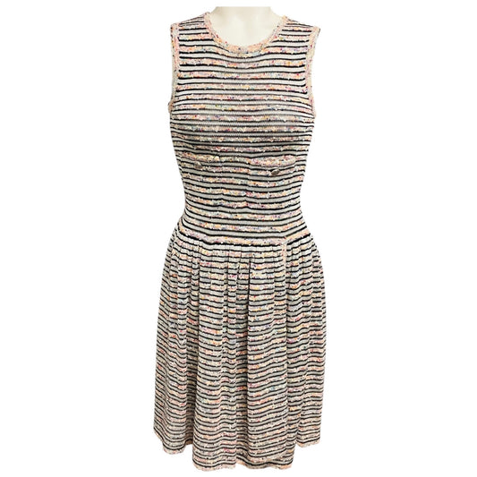Chanel Multicolor Striped Knit Sleeveless Flared Dress with CC Logo Buttons