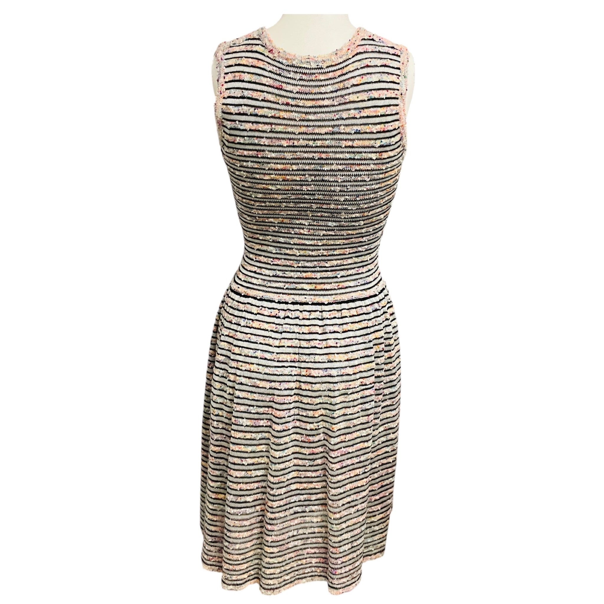 Chanel Multicolor Striped Knit Sleeveless Flared Dress with CC Logo Buttons