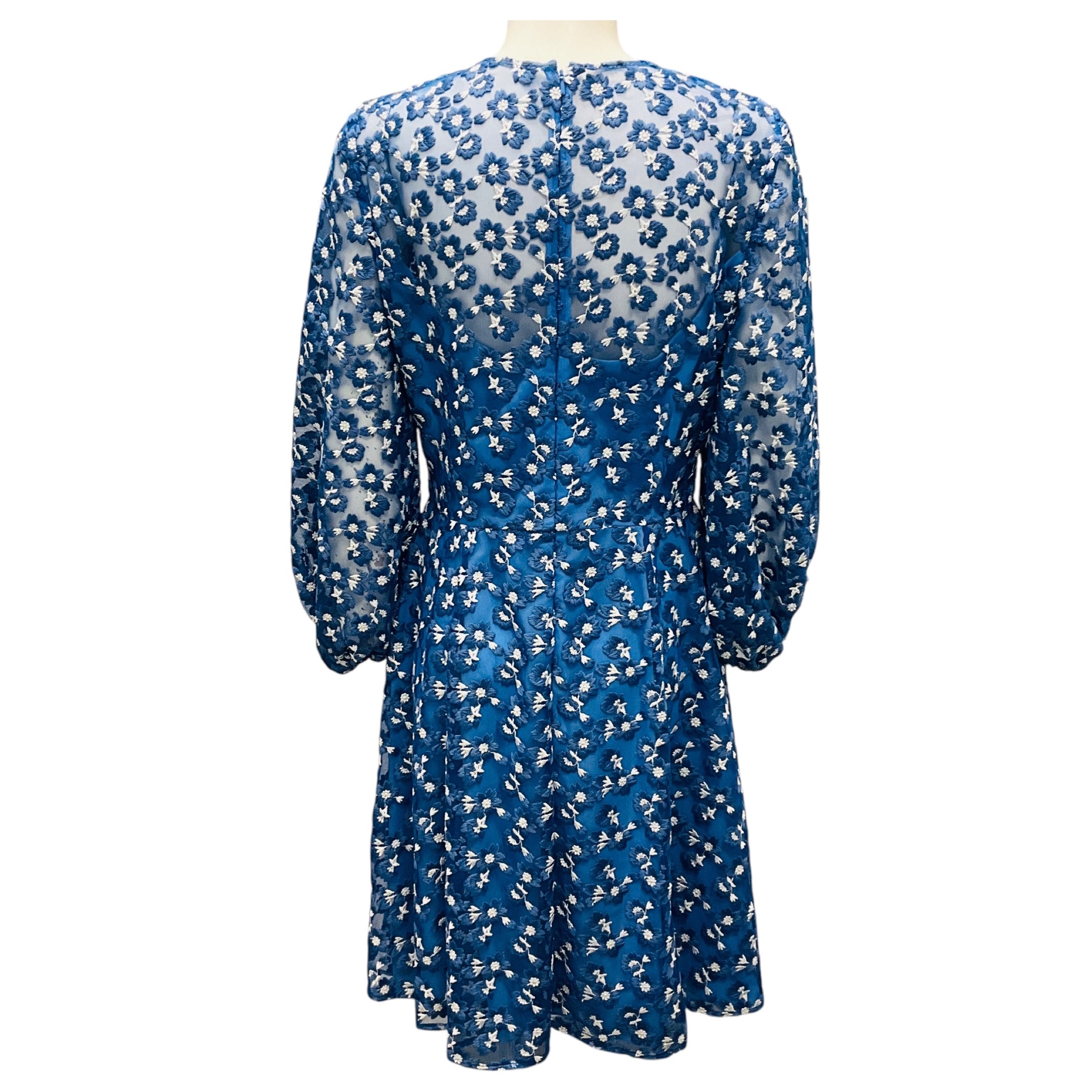 Lela Rose Cornflower Blue Floral Embroidered Full Sleeve V-Neck Cocktail Dress