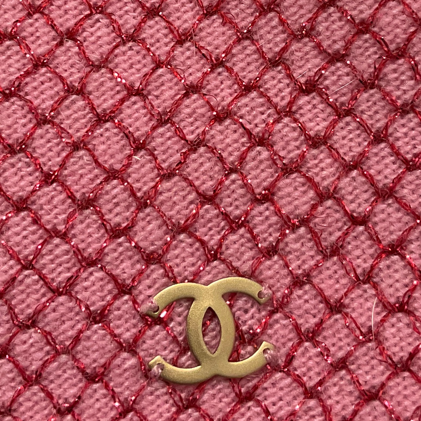 Chanel Pink / Red Lattice Lurex Cashmere Knit Open Front Cardigan Sweater with Gold CC Logo
