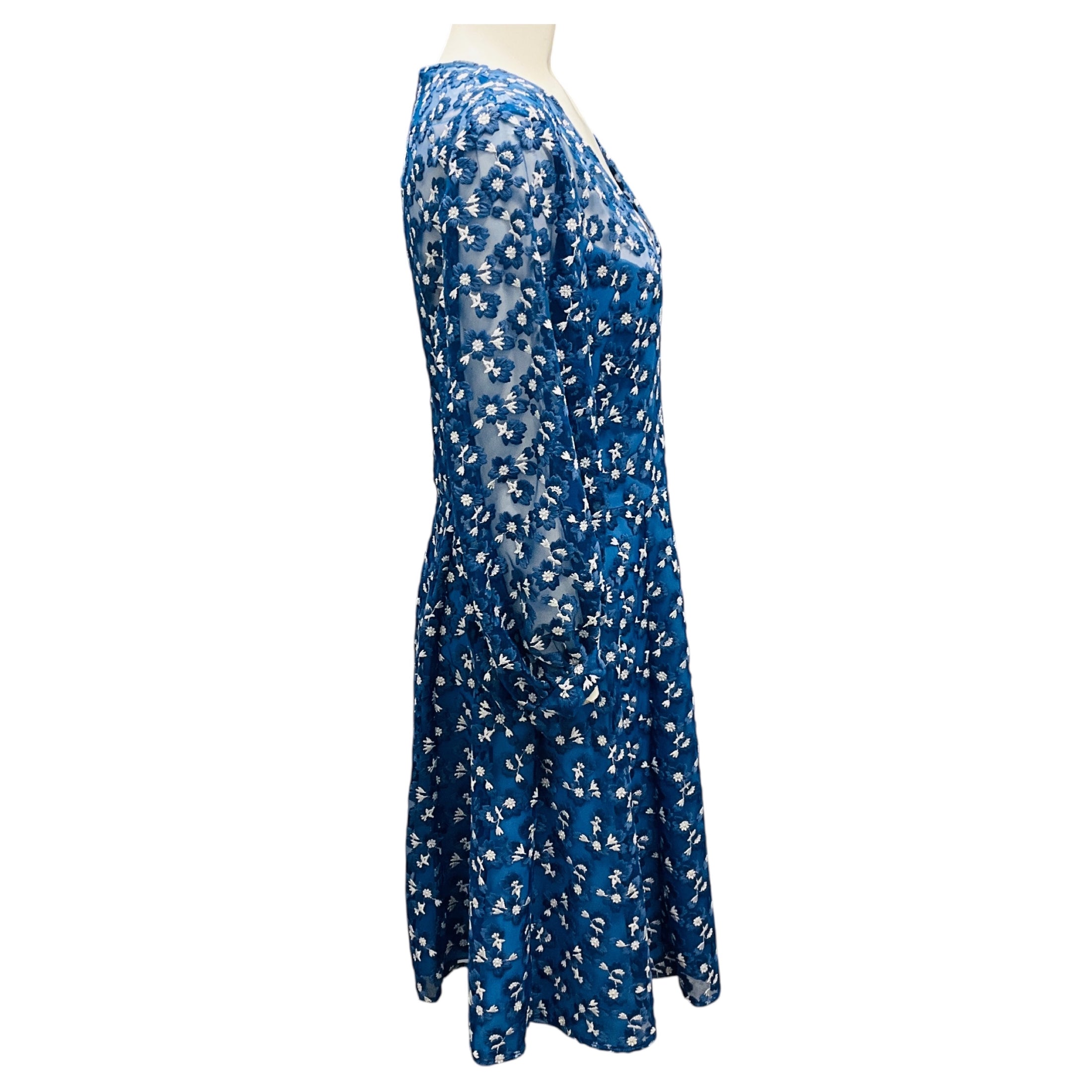Lela Rose Cornflower Blue Floral Embroidered Full Sleeve V-Neck Cocktail Dress