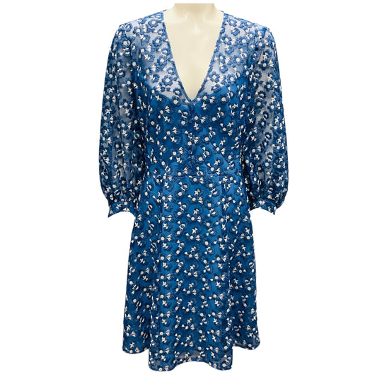 Lela Rose Cornflower Blue Floral Embroidered Full Sleeve V-Neck Cocktail Dress