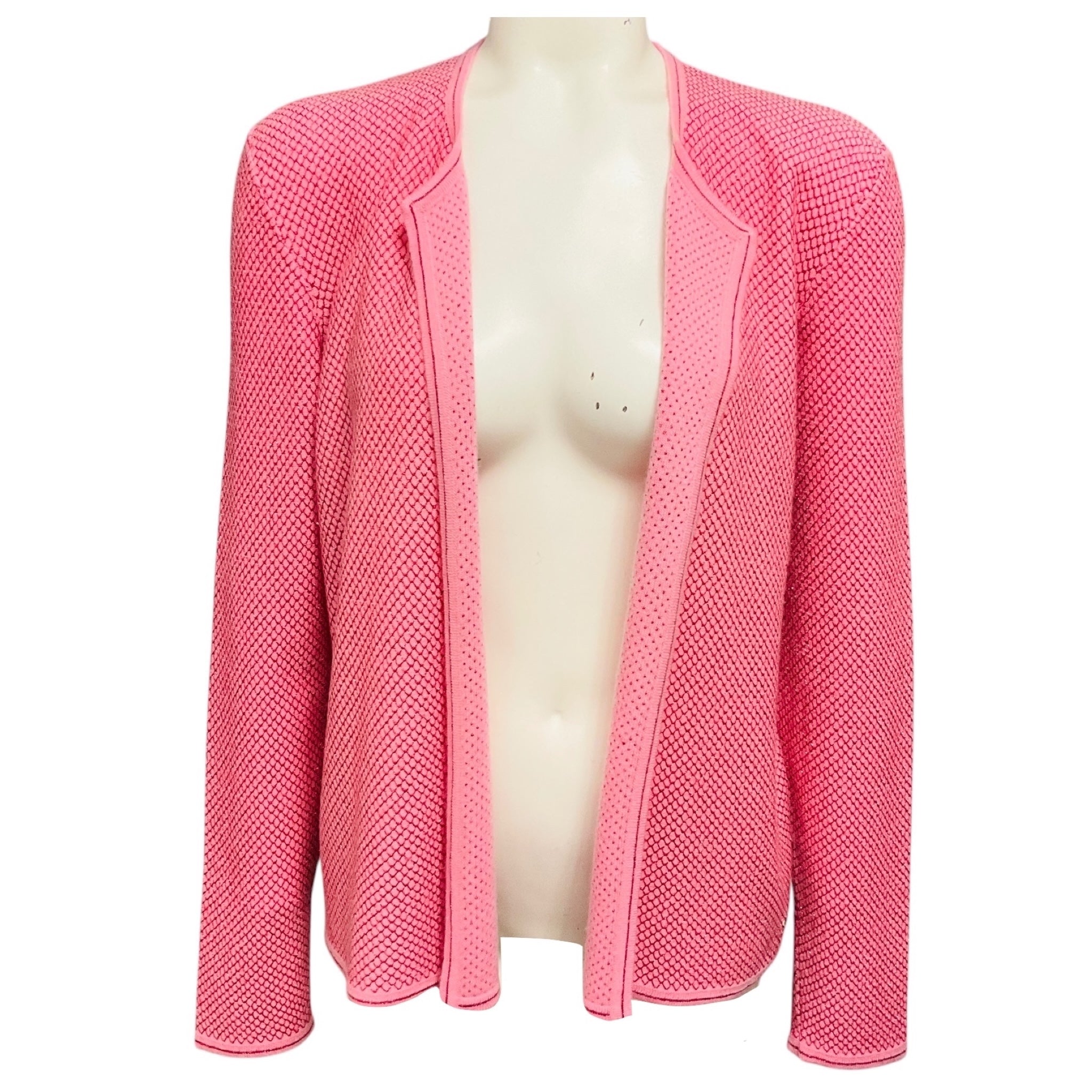 Chanel Pink / Red Lattice Lurex Cashmere Knit Open Front Cardigan Sweater with Gold CC Logo