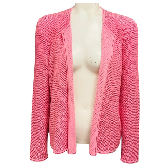Chanel Pink / Red Lattice Lurex Cashmere Knit Open Front Cardigan Sweater with Gold CC Logo