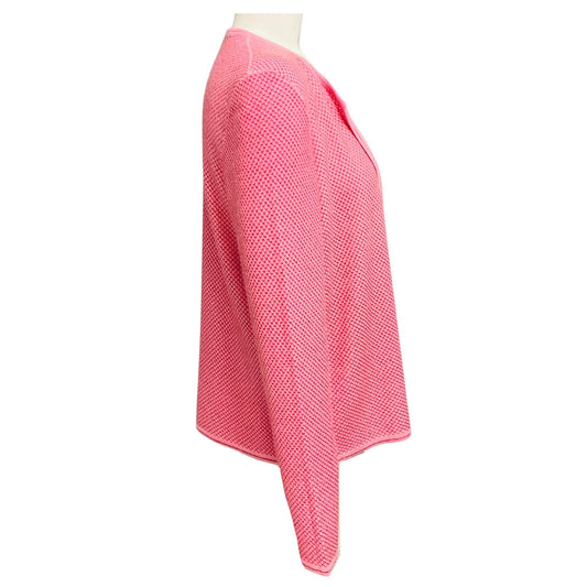 Chanel Pink / Red Lattice Lurex Cashmere Knit Open Front Cardigan Sweater with Gold CC Logo