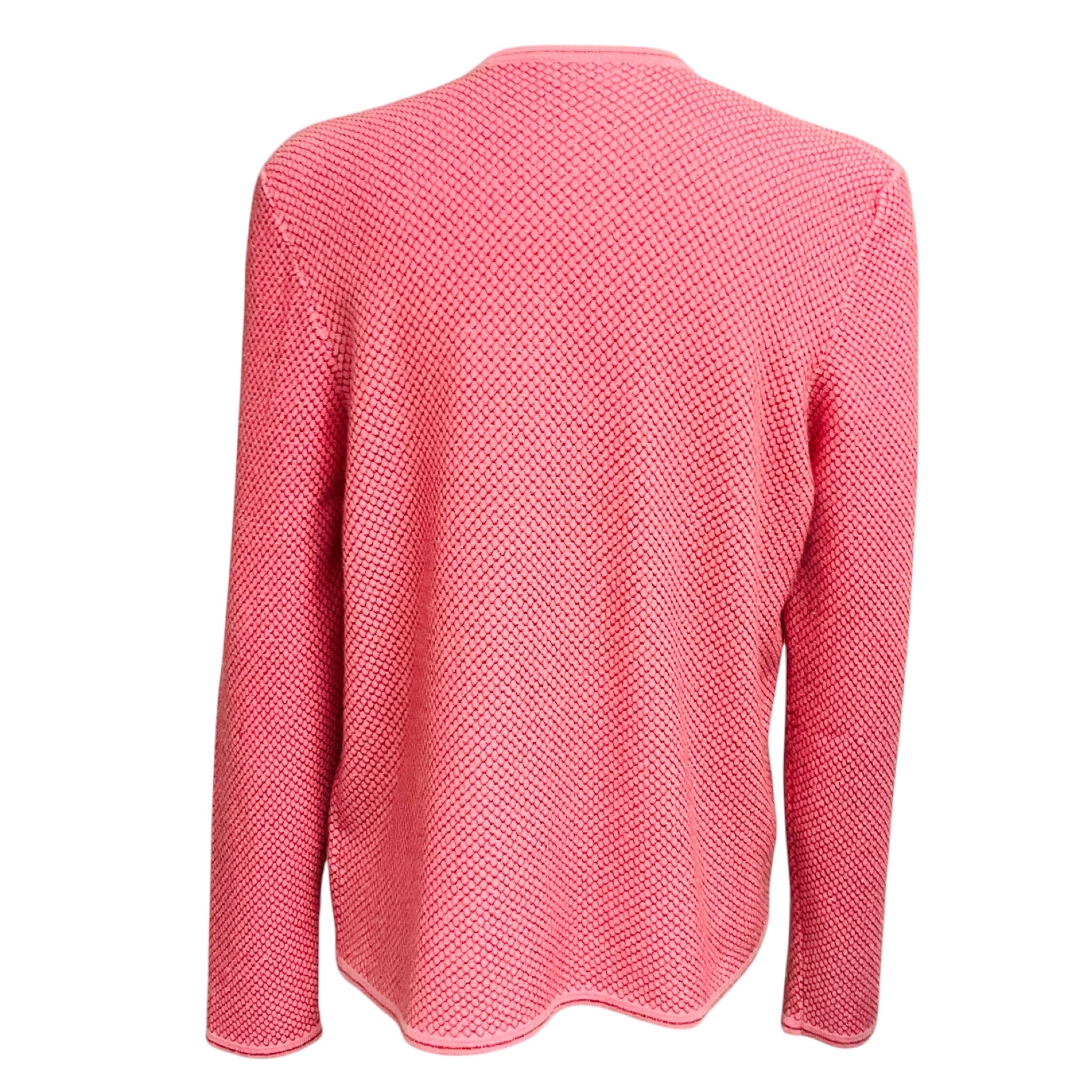 Chanel Pink / Red Lattice Lurex Cashmere Knit Open Front Cardigan Sweater with Gold CC Logo