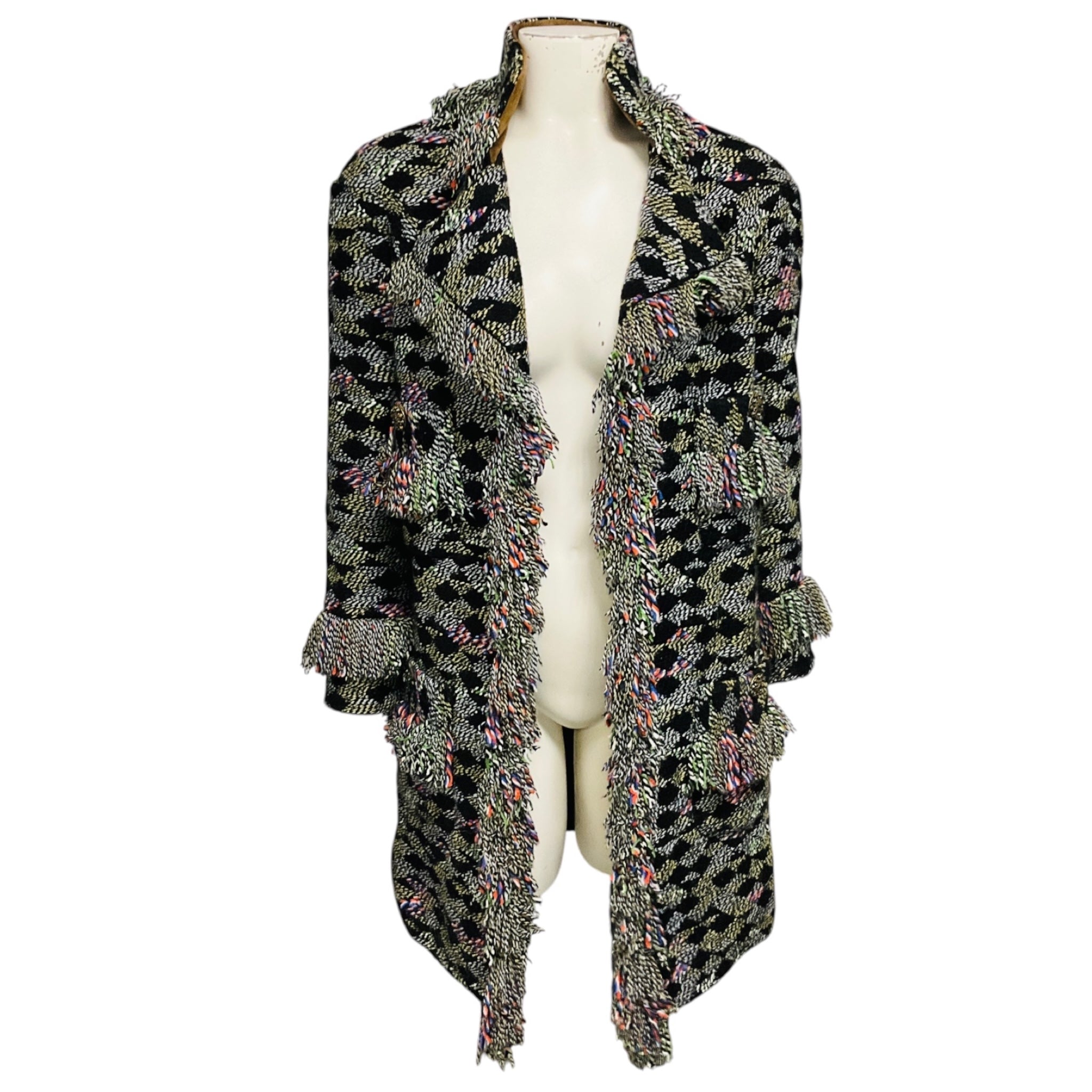 Chanel Black / Green Multi Paris-Salzburg Pre-Fall 2015 Métiers d'Art Fringed Wool Fantasy Tweed Coat