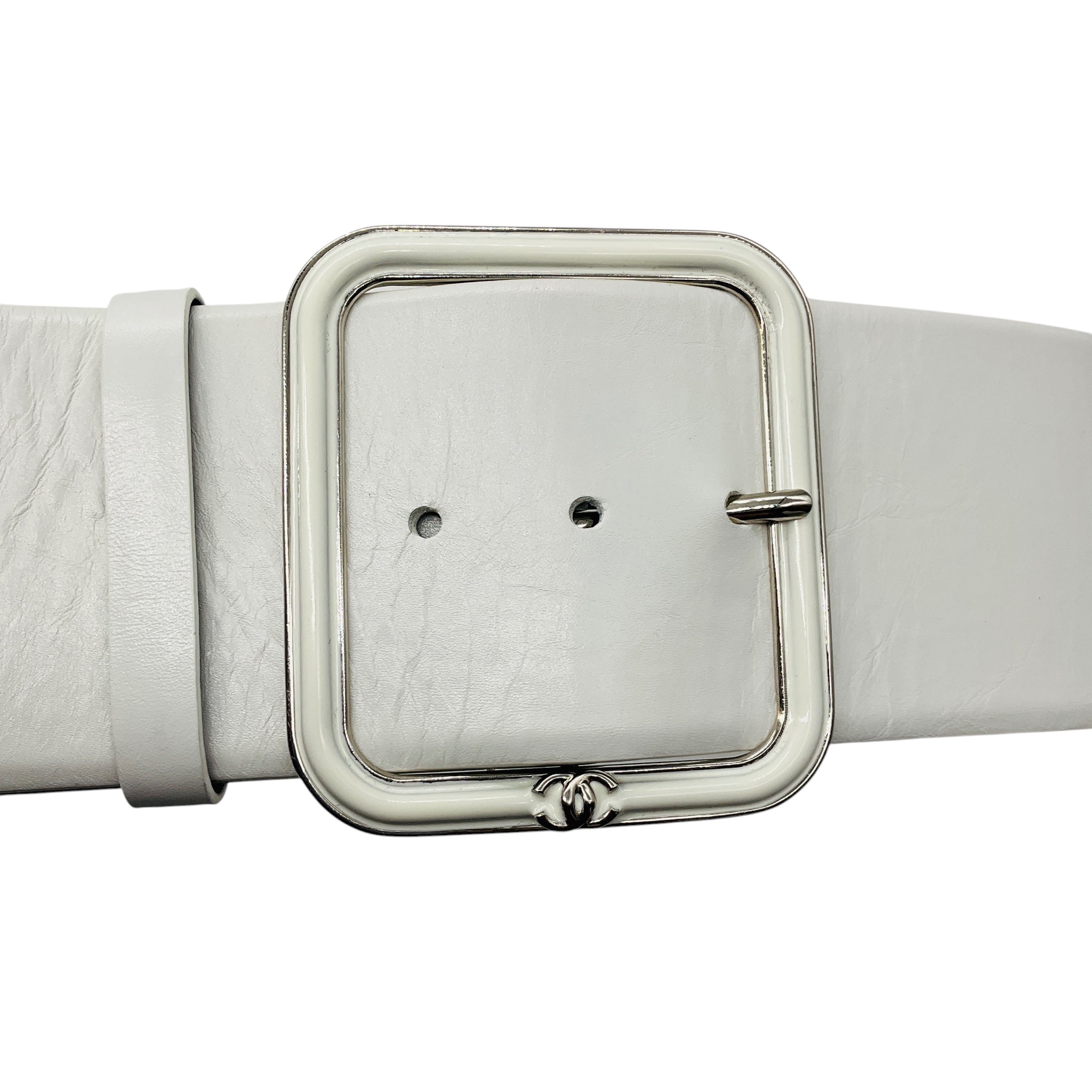 Chanel 2019 White / Silver CC Logo Genuine Calfskin Leather Wide Belt