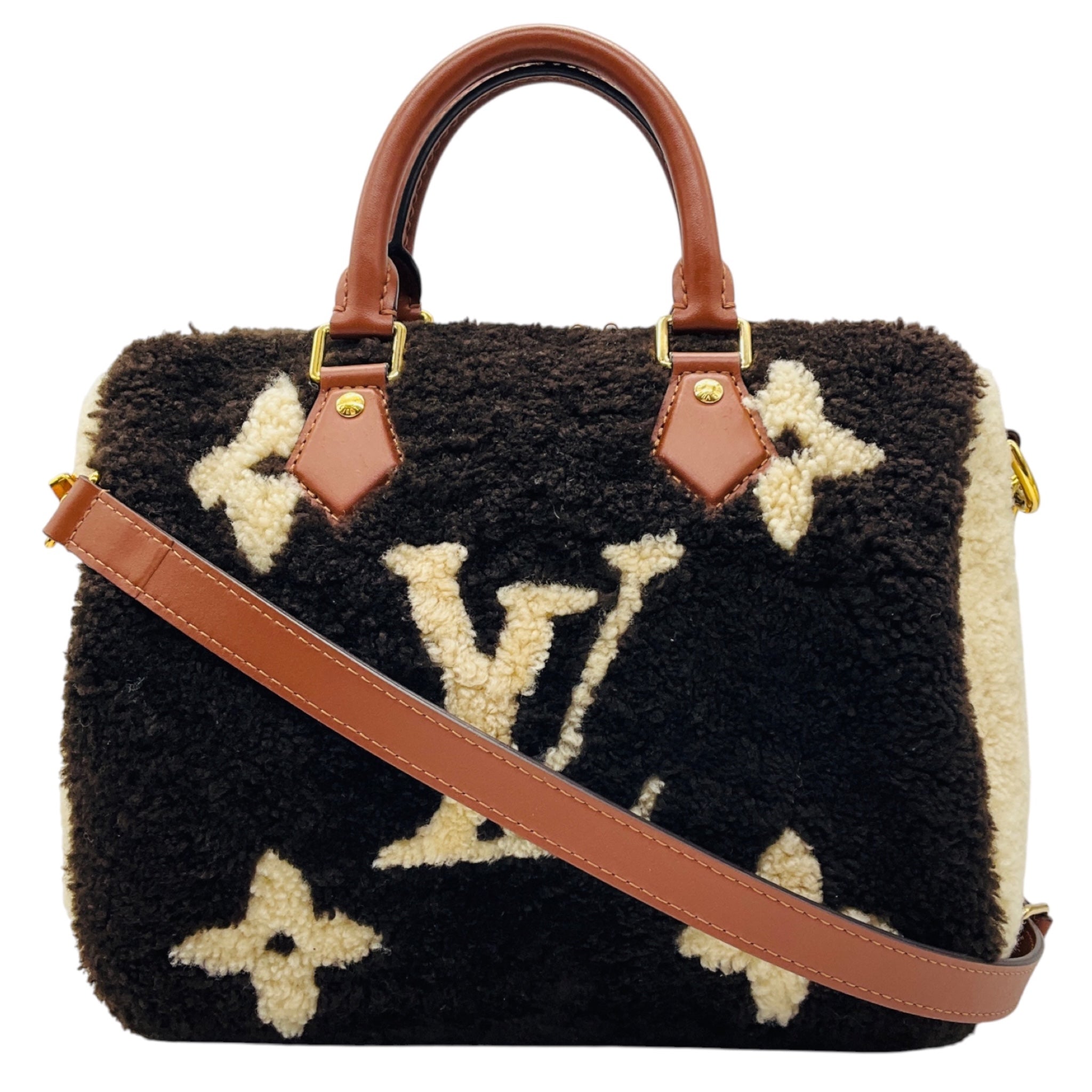 Louis Vuitton Chocolate / Cream Shearling Monogram LV Ski Cozygram Speedy Bandouliere 25 Handbag